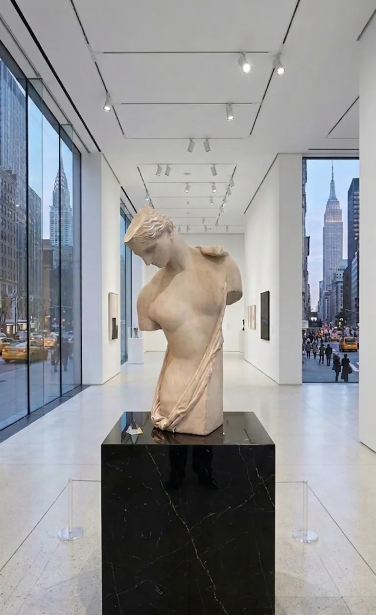 alte Skulptur, die eine menschliche Figur in einer Ausstellung darstellt