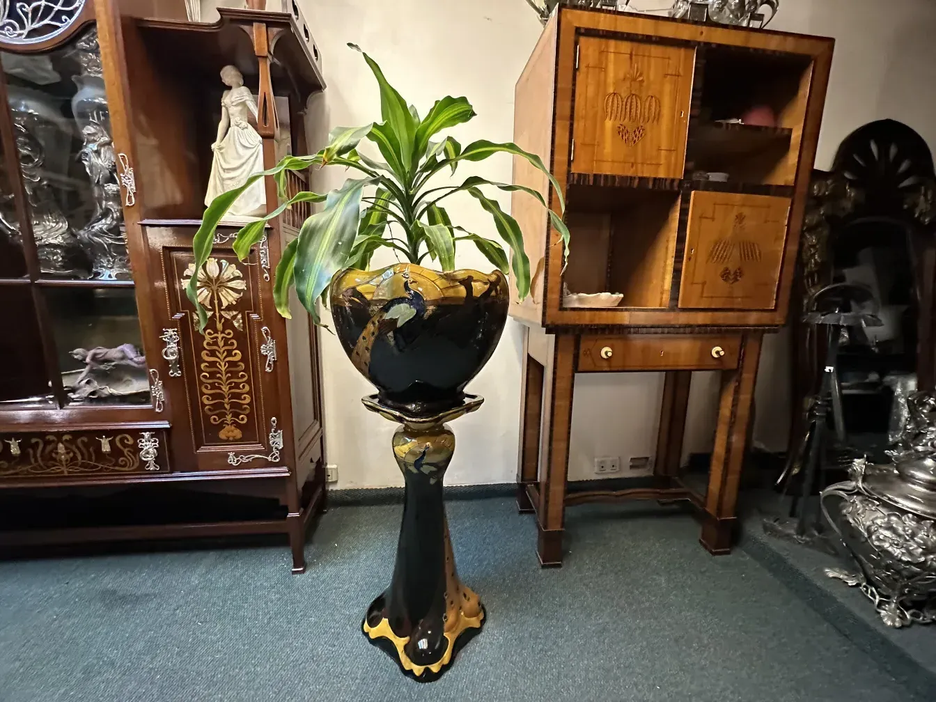 antique planter, black with yellow decorative details