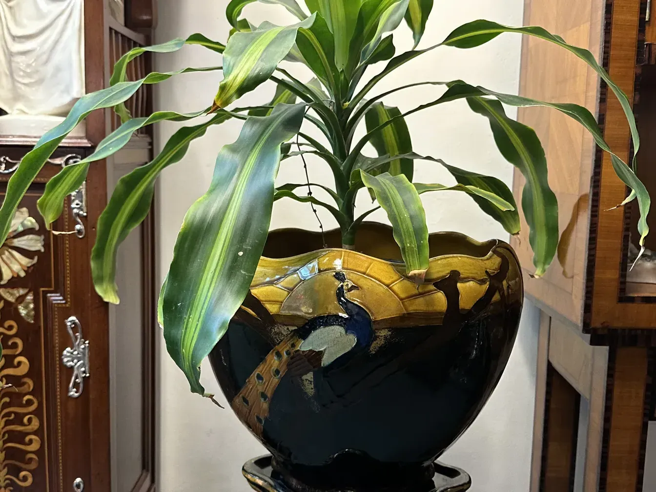 vaso di fiori antico con design decorativo e piante verdi