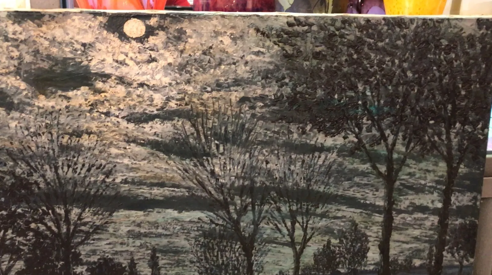 Peinture ancienne Crispino d'un paysage avec des arbres et la lune