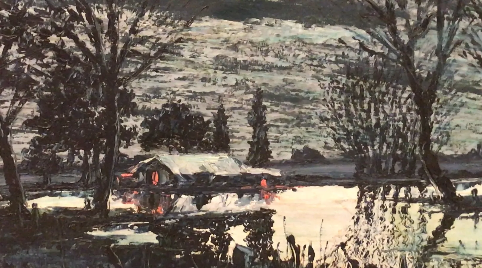 Antico dipinto Crispino di un paesaggio sereno con alberi.