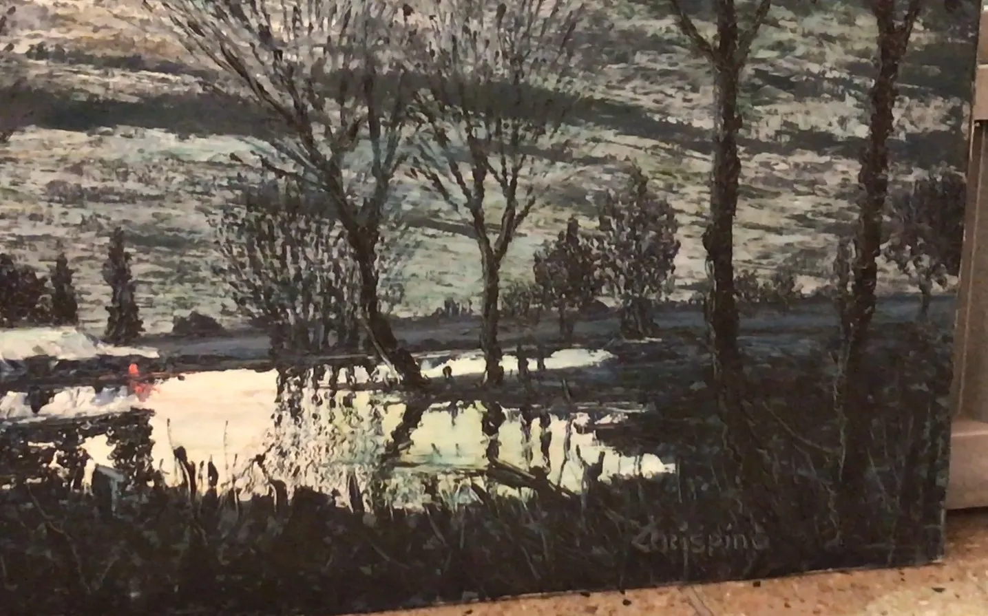 pintura antigua de paisaje oscuro con árboles reflejados