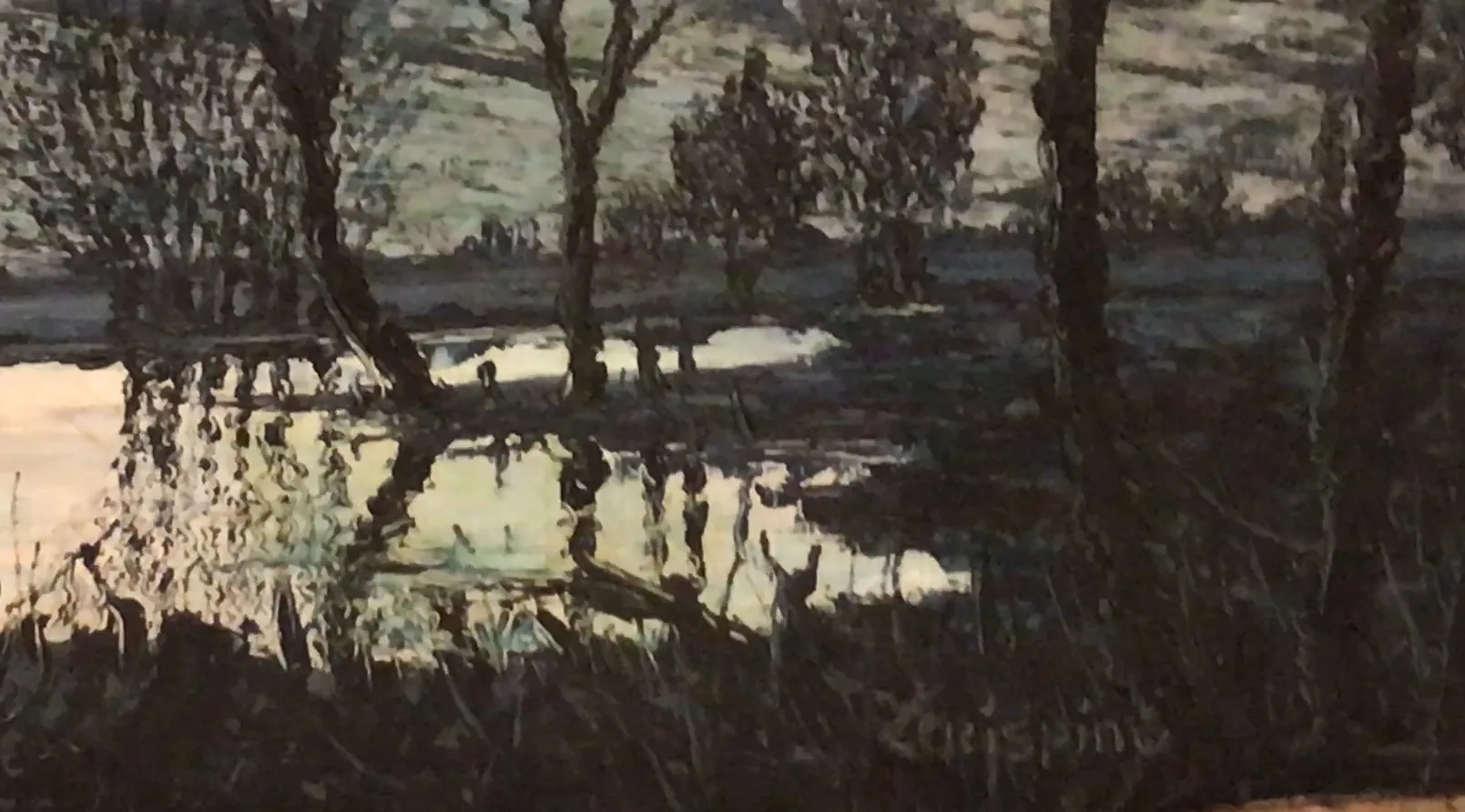 antico dipinto di paesaggio con alberi e acqua