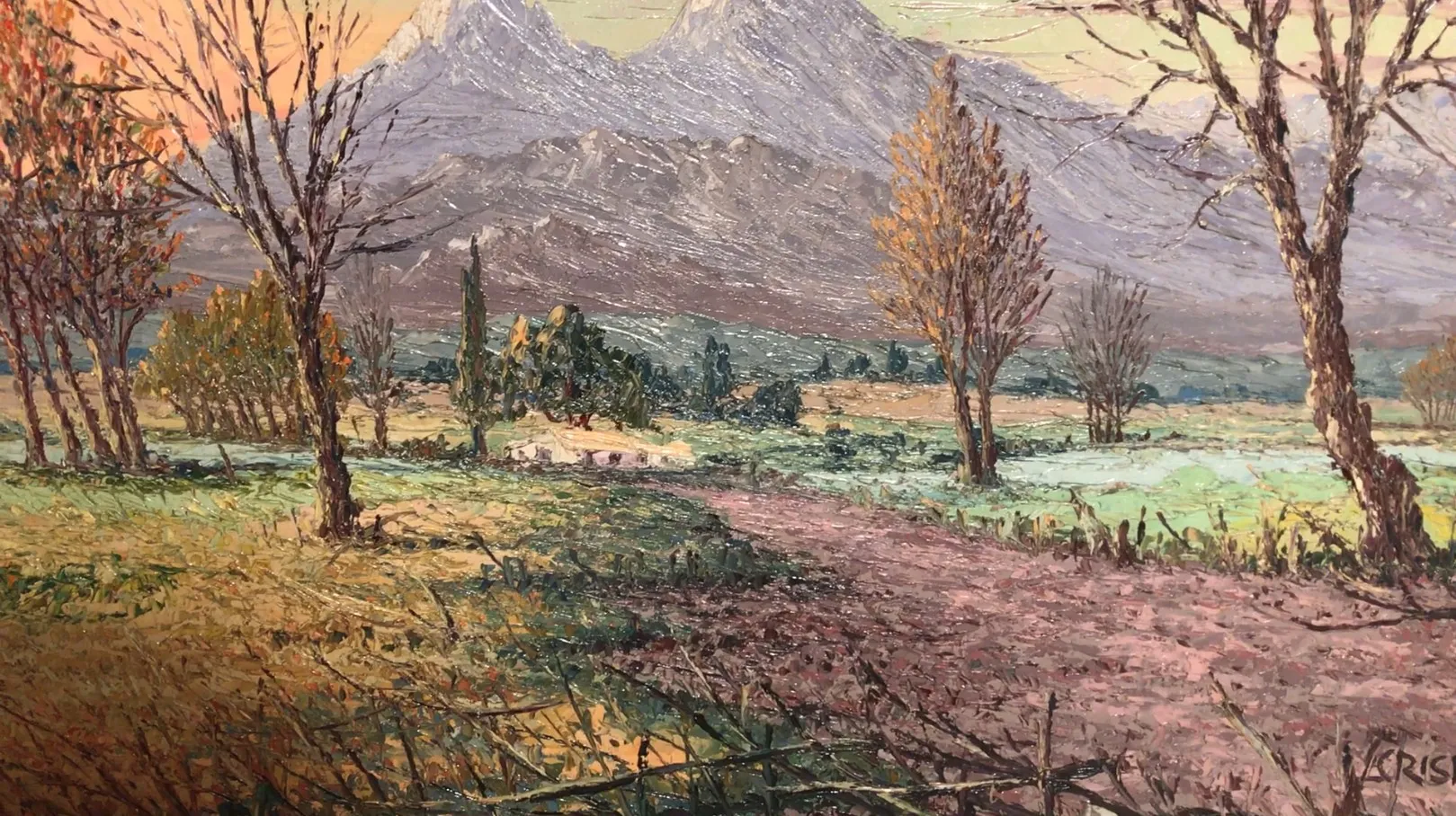 alte malerei einer landschaft mit bergen und trockenen bäumen.