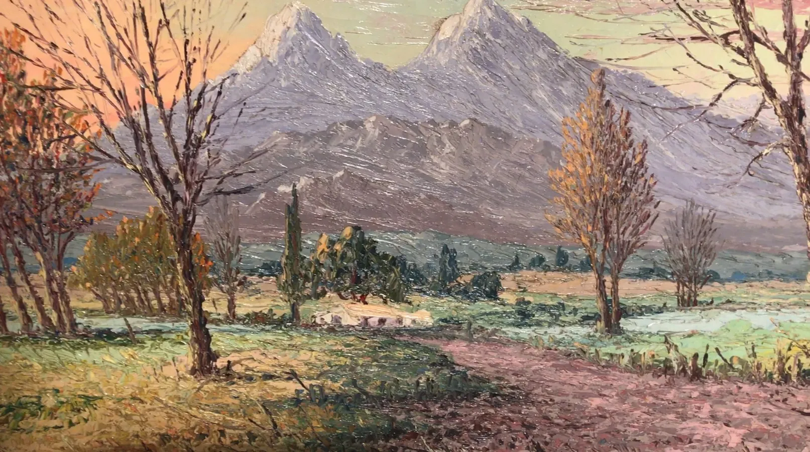 Peinture ancienne représentant un paysage montagneux avec des arbres et un chemin de terre.