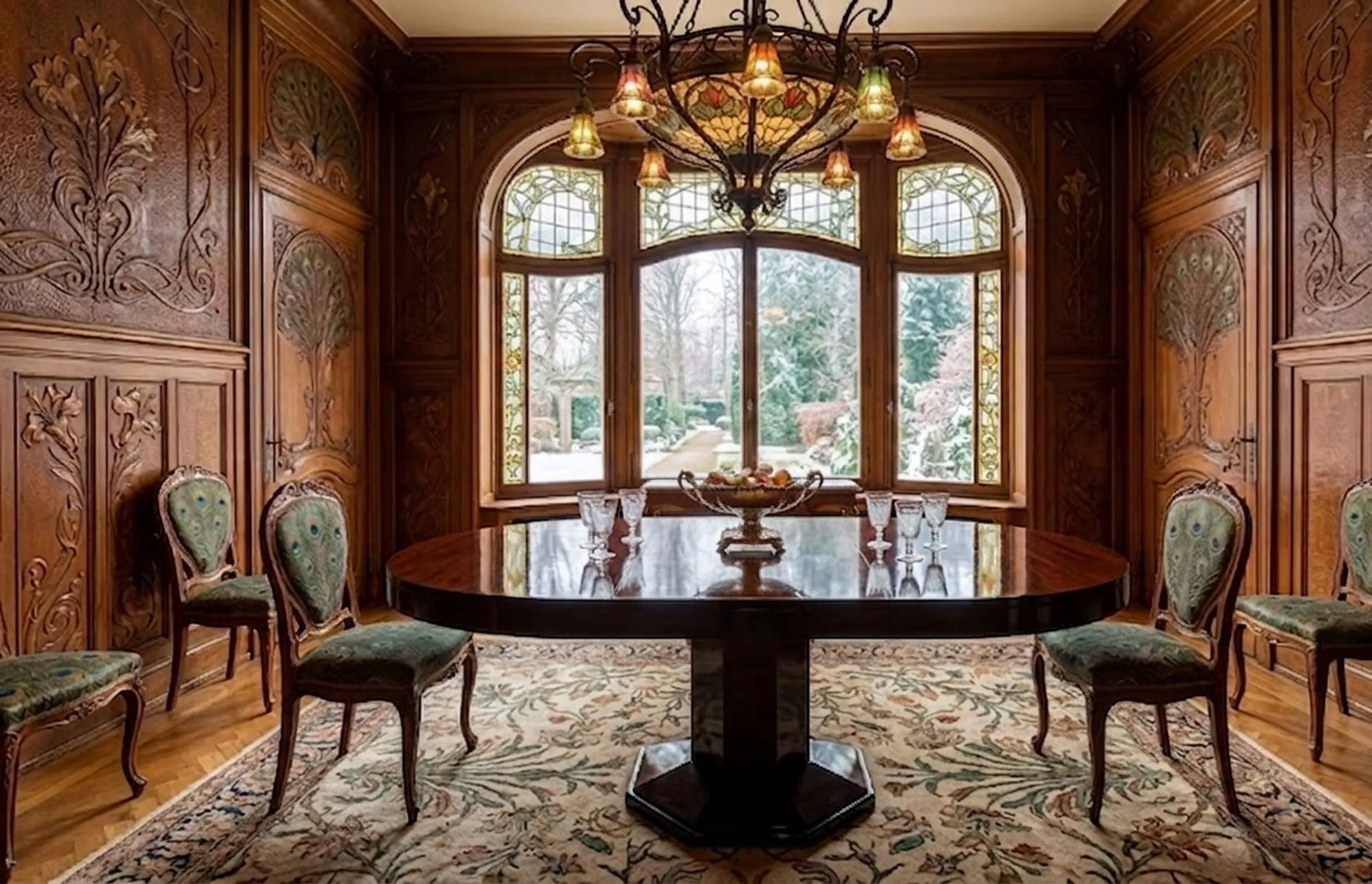 Mesa de comedor antigua para 6 a 8 personas, ambiente elegante con ventanas grandes.