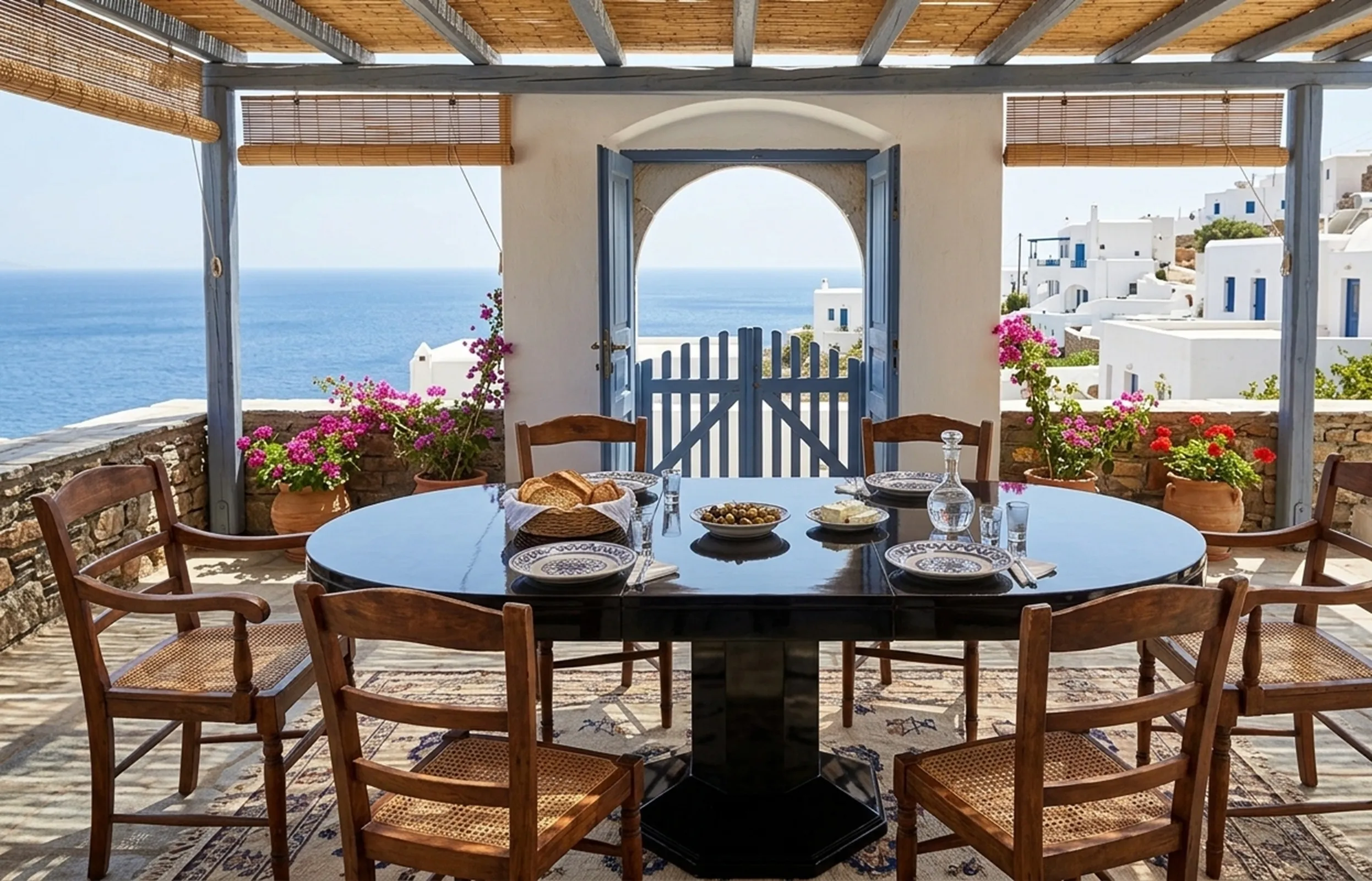 Mesa de comedor antigua para 6 a 8 personas con vista al mar.