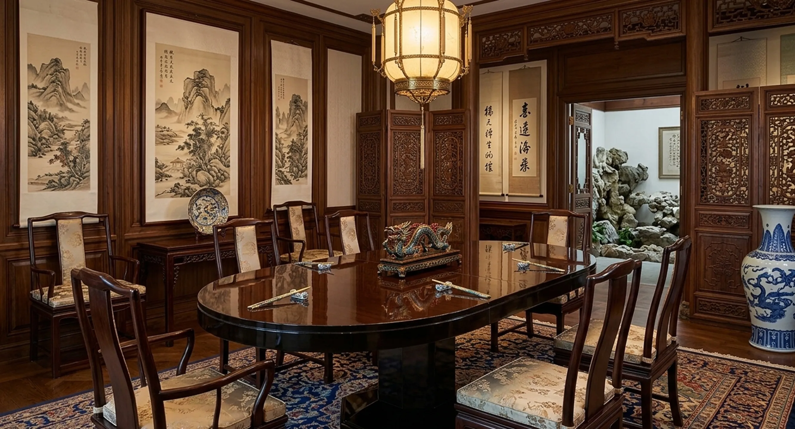 Mesa de comedor antigua para 6-8 personas con adornos y sillas elegantes.