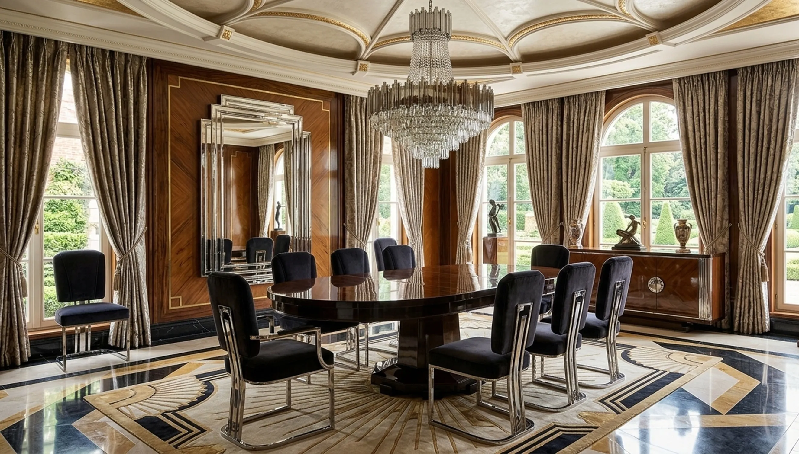 Mesa de comedor antigua con sillas oscuras en un elegante comedor.