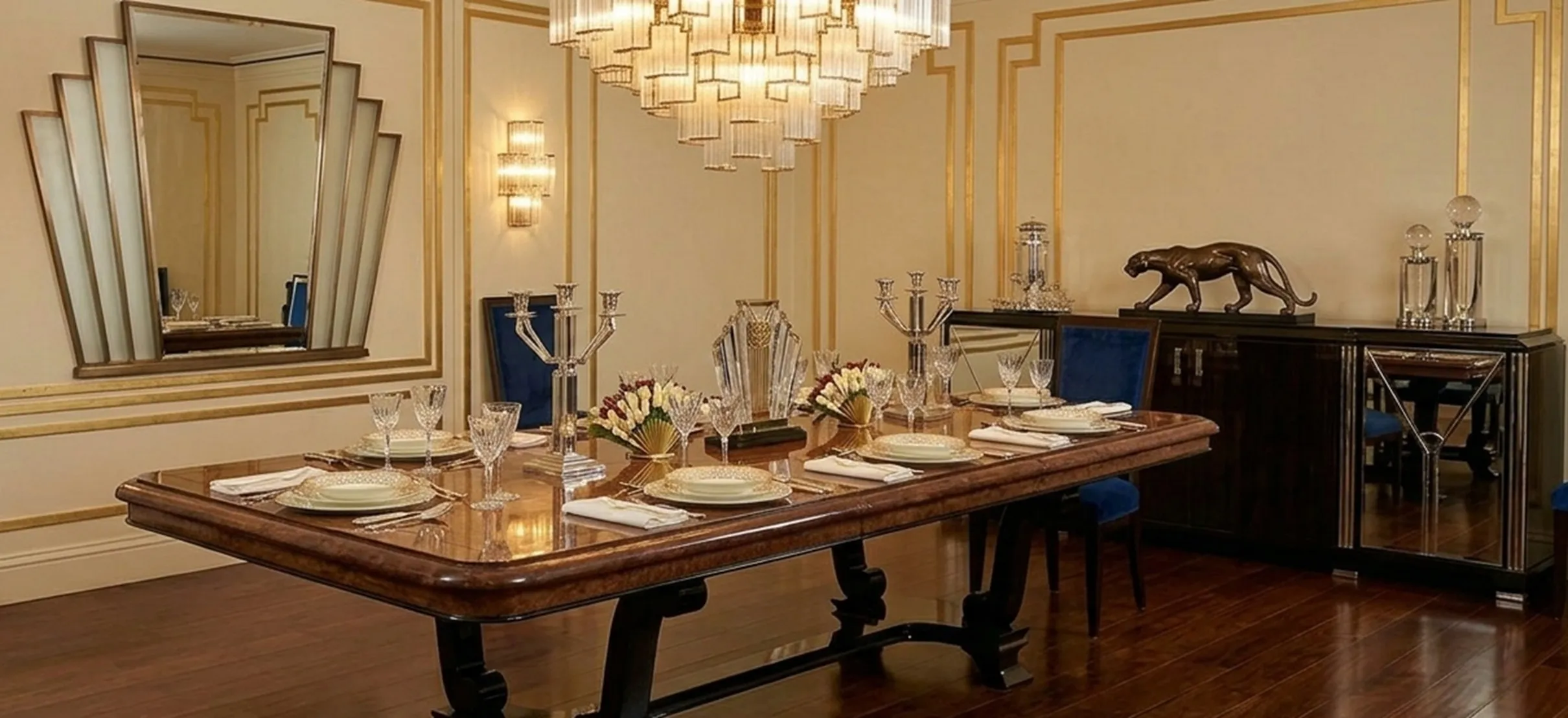 mesa de comedor antigua con decoración elegante y candelabros