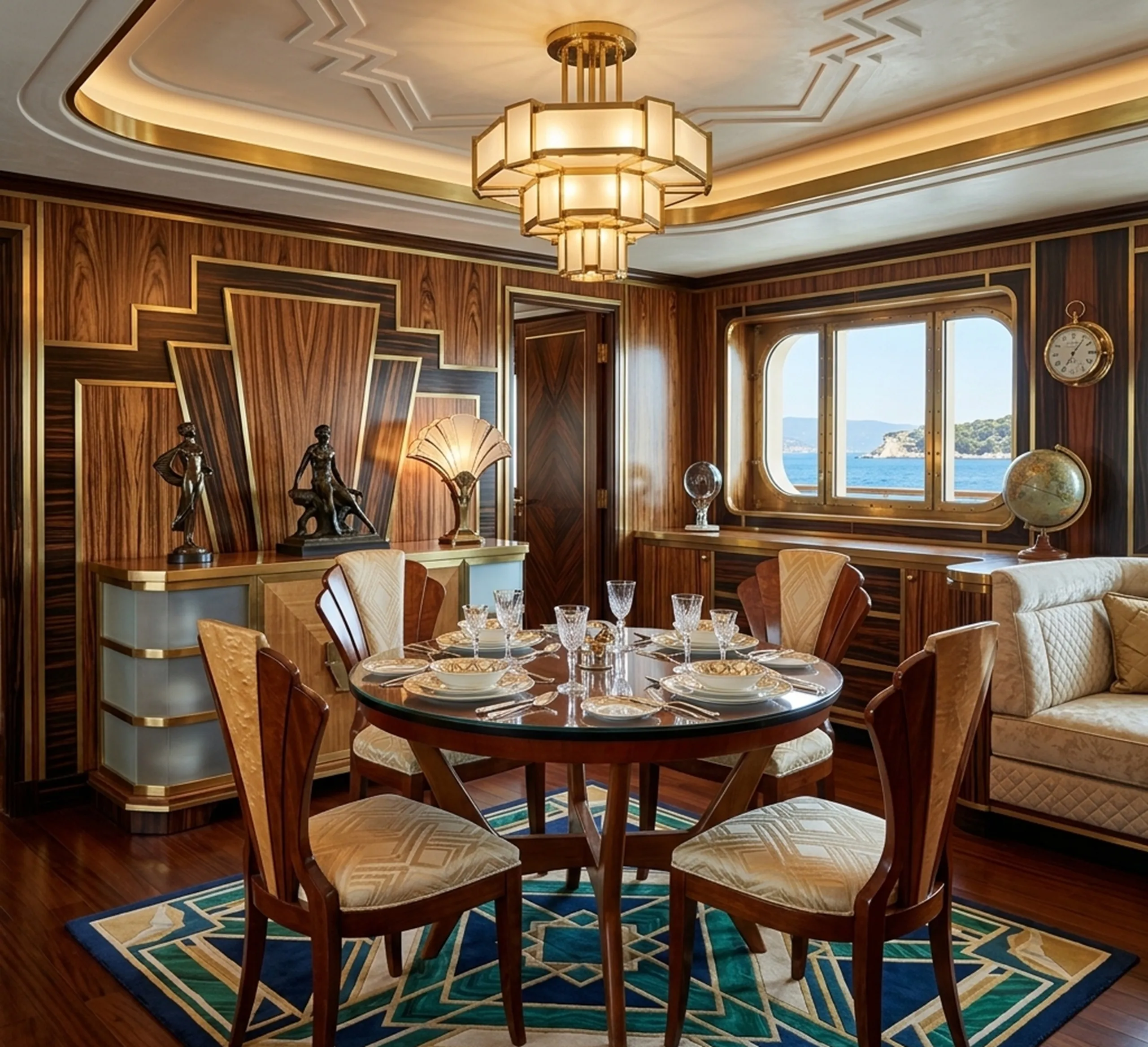 Mesa de comedor antigua para 6 personas, decorada elegantemente.