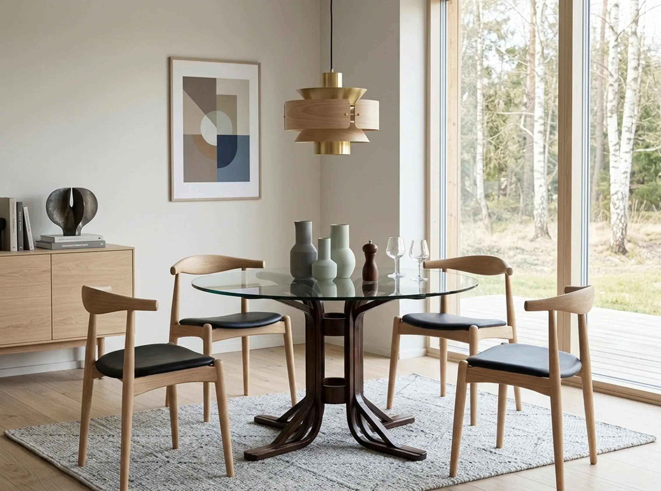 Mesa de comedor antigua para seis personas en un ambiente moderno, con sillas elegantes y decoración minimalista.