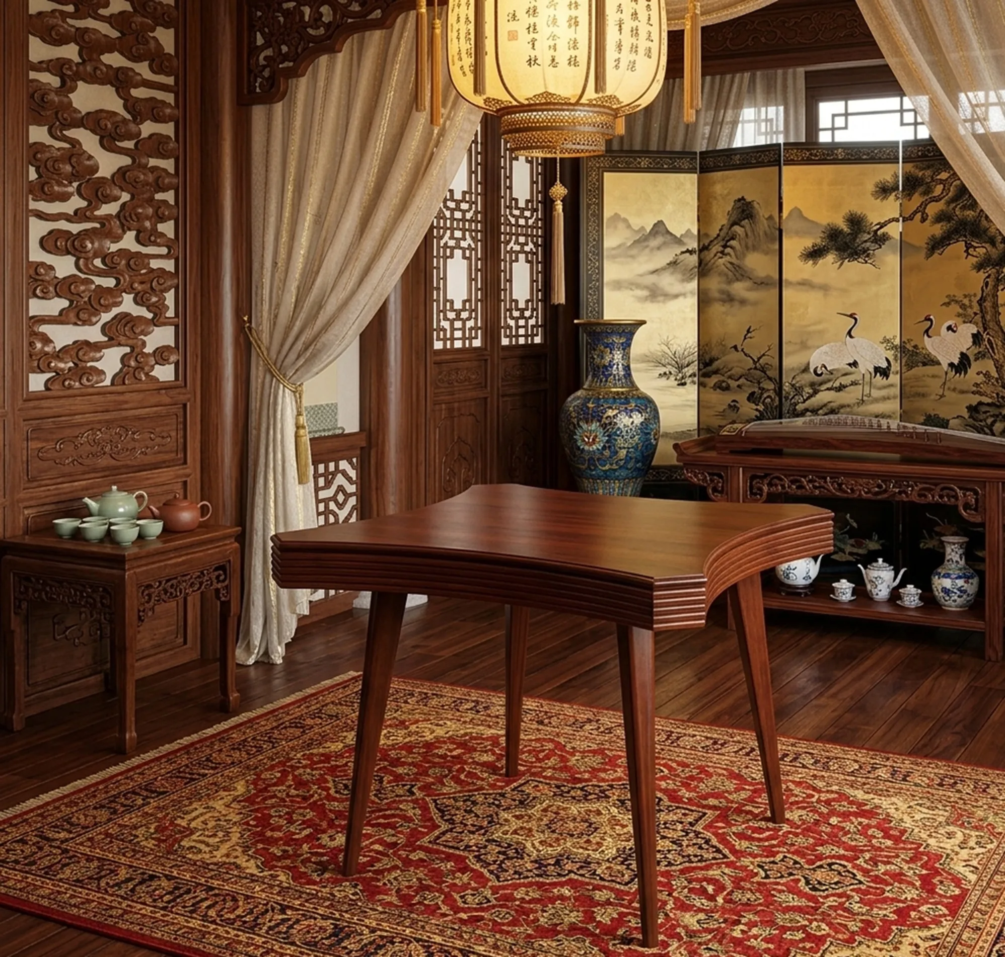 古いゲームテーブル（4人用）、詳細なデコレーションで囲まれた田舎の設定。