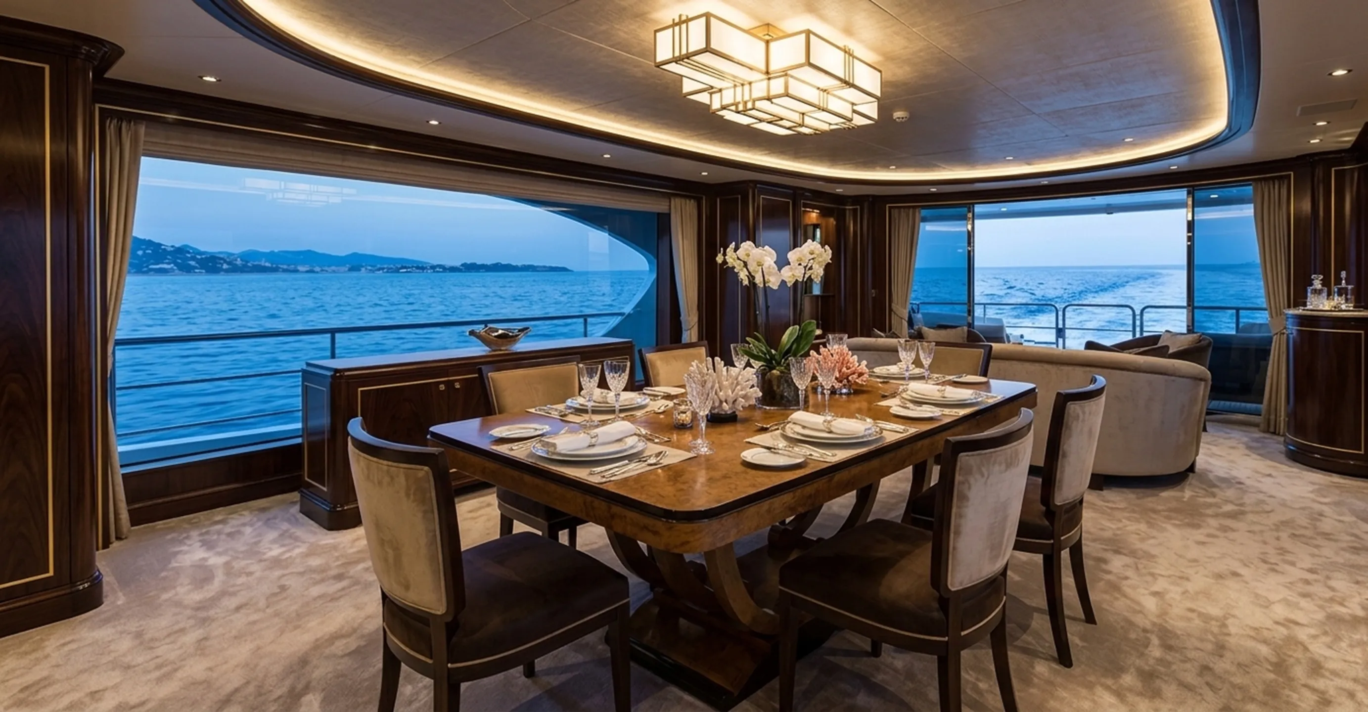 Table à manger antique pour 10 personnes, décorée élégamment avec vue sur la mer.