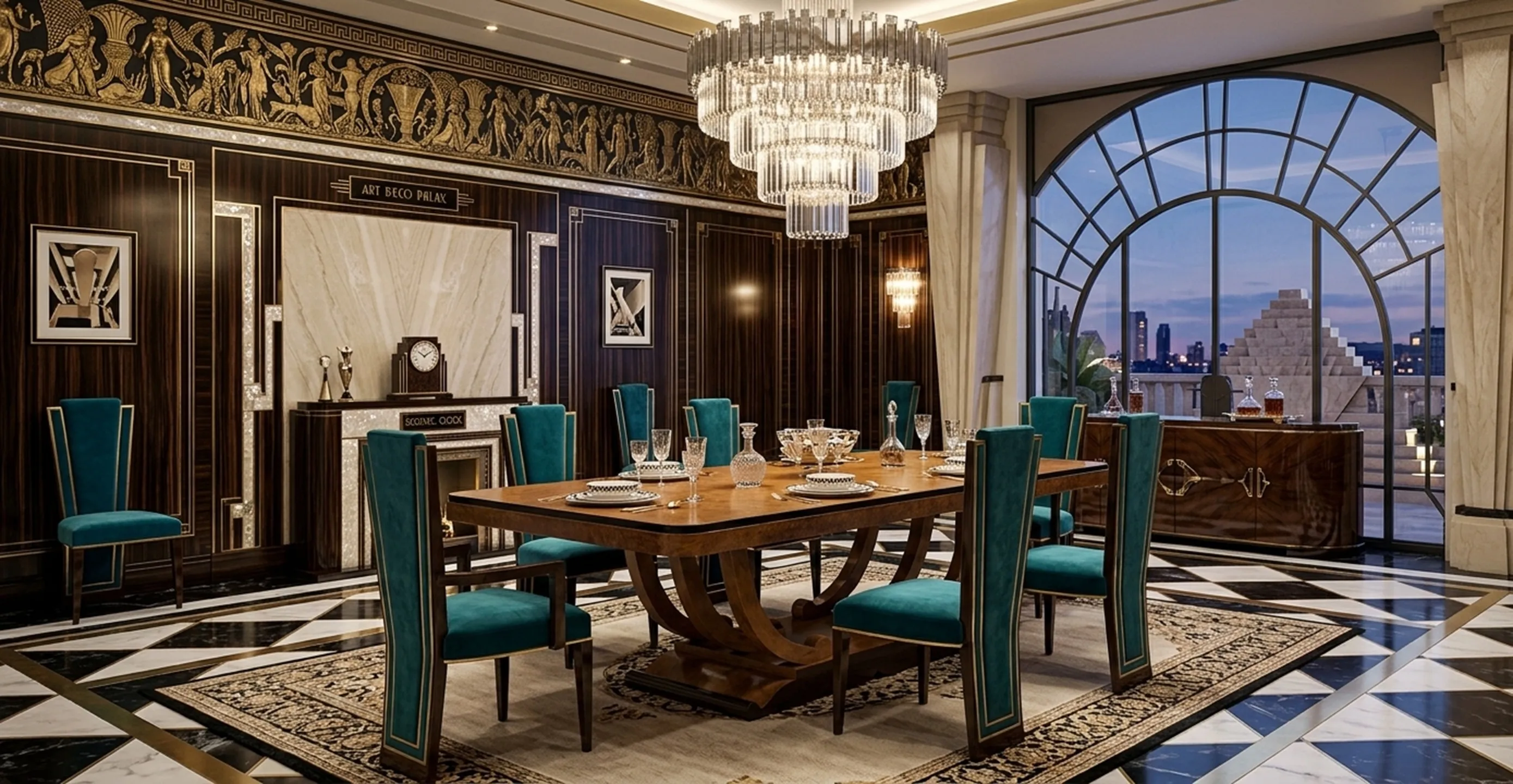 Mesa de comedor antigua para diez personas en un entorno elegante con sillas en color azul y decoración clásica.