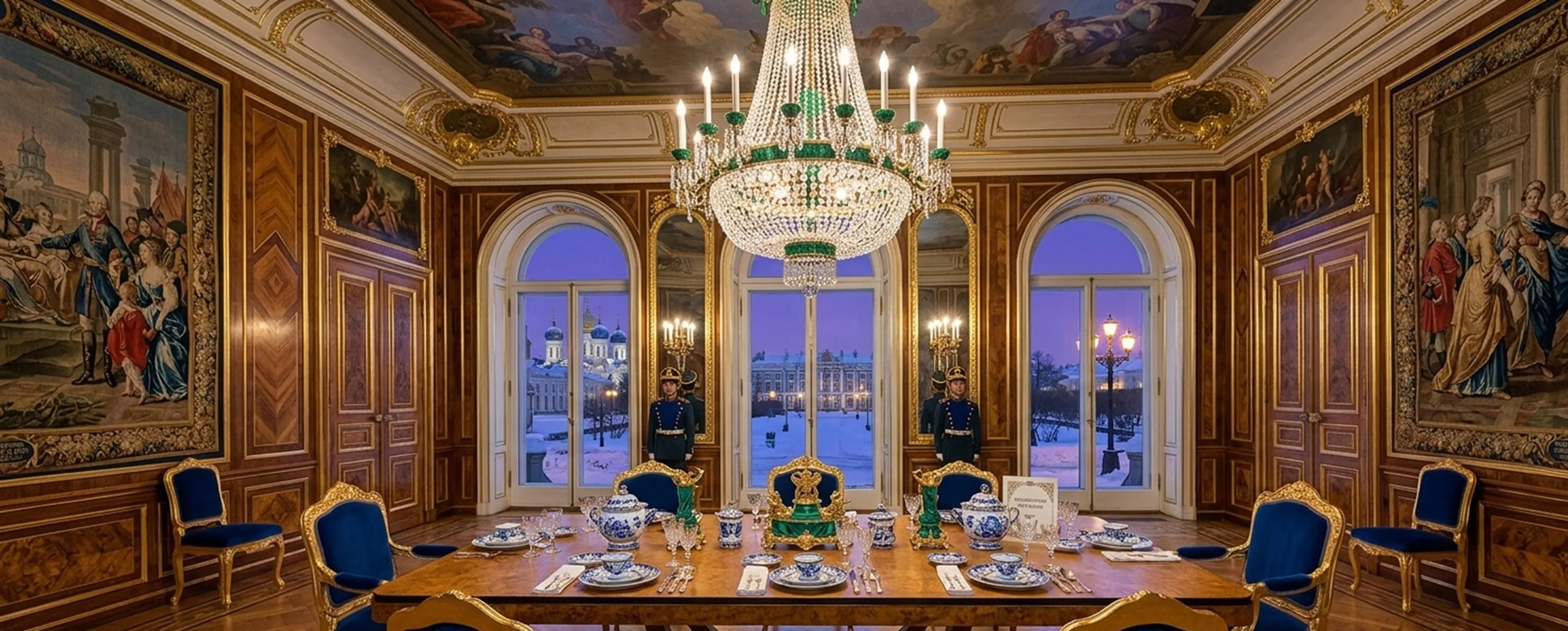 Mesa de comedor antigua para diez personas en un elegante comedor