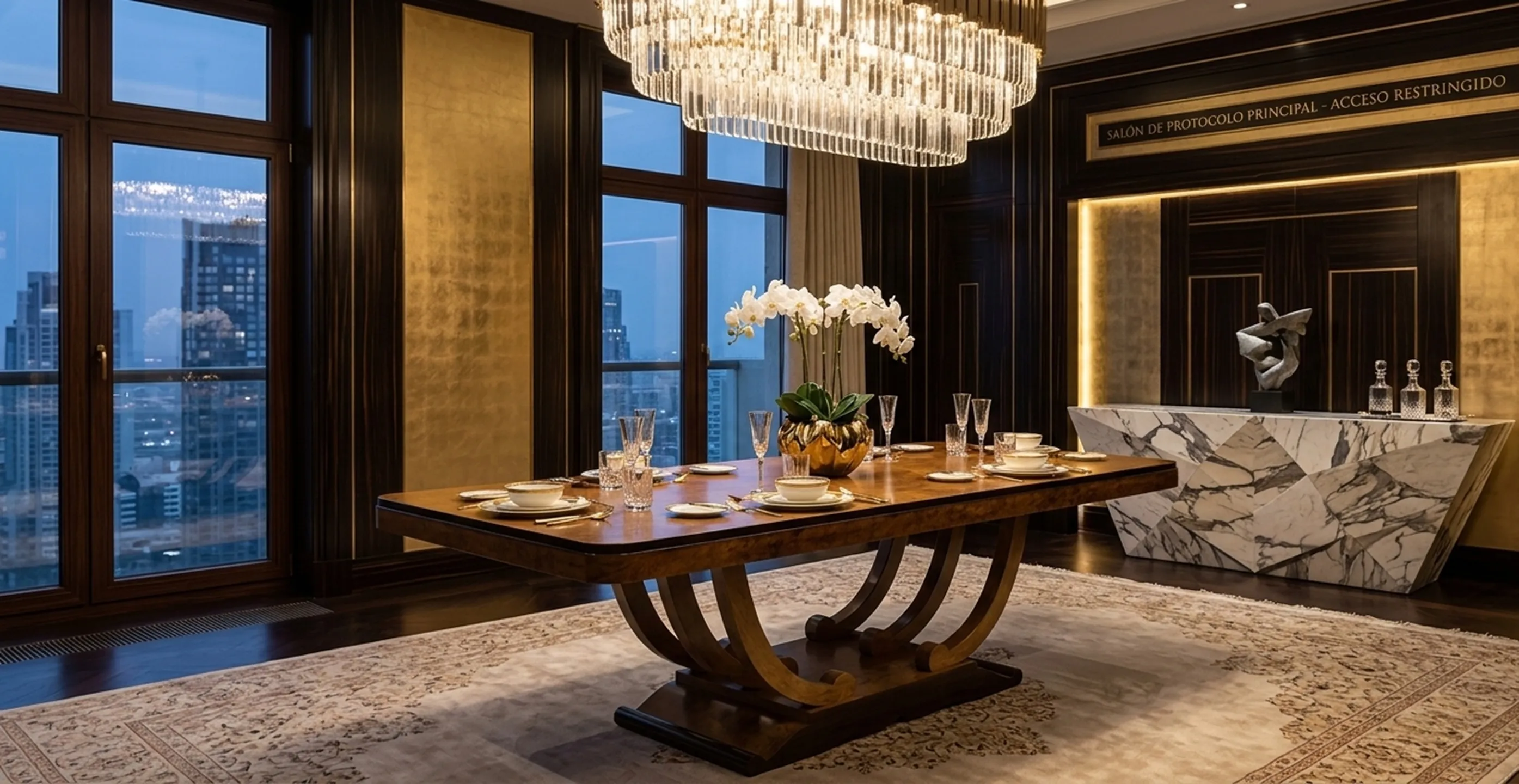 Mesa de comedor antigua con decoraciones elegantes para diez personas.
