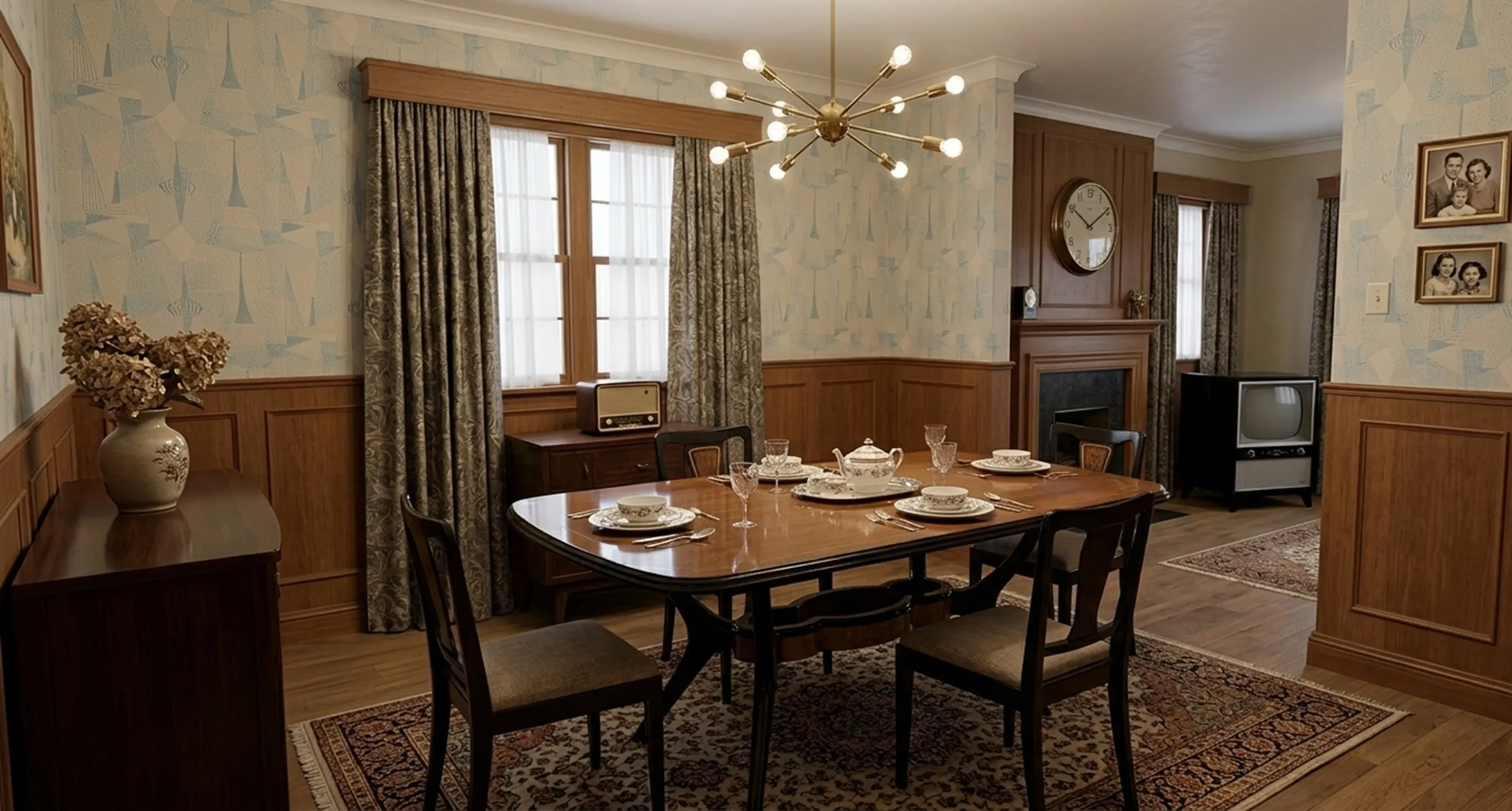 Antique dining table for 8 with decorative plates