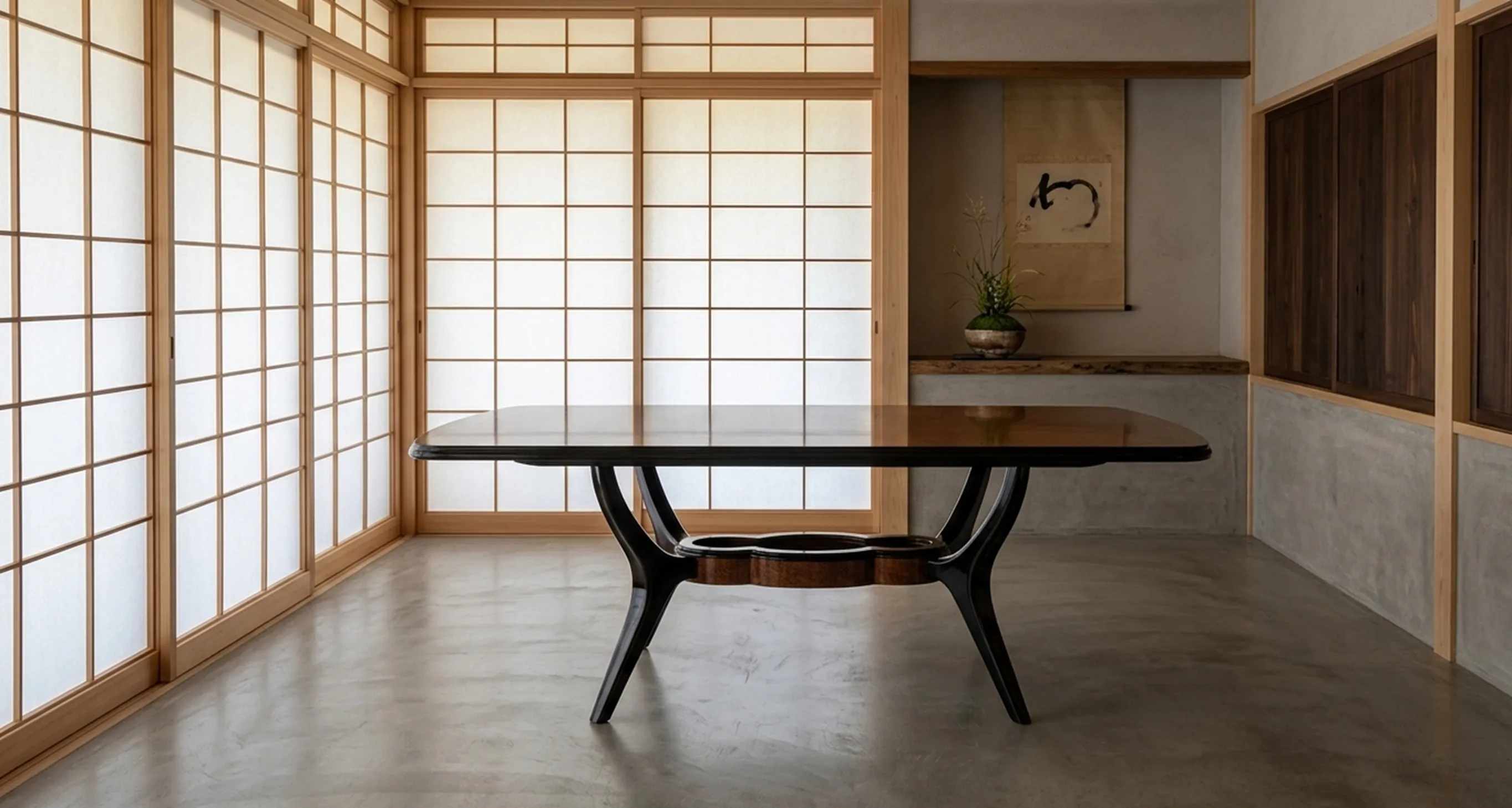 Mesa de comedor antigua, ideal para 8 personas, en un ambiente minimalista.