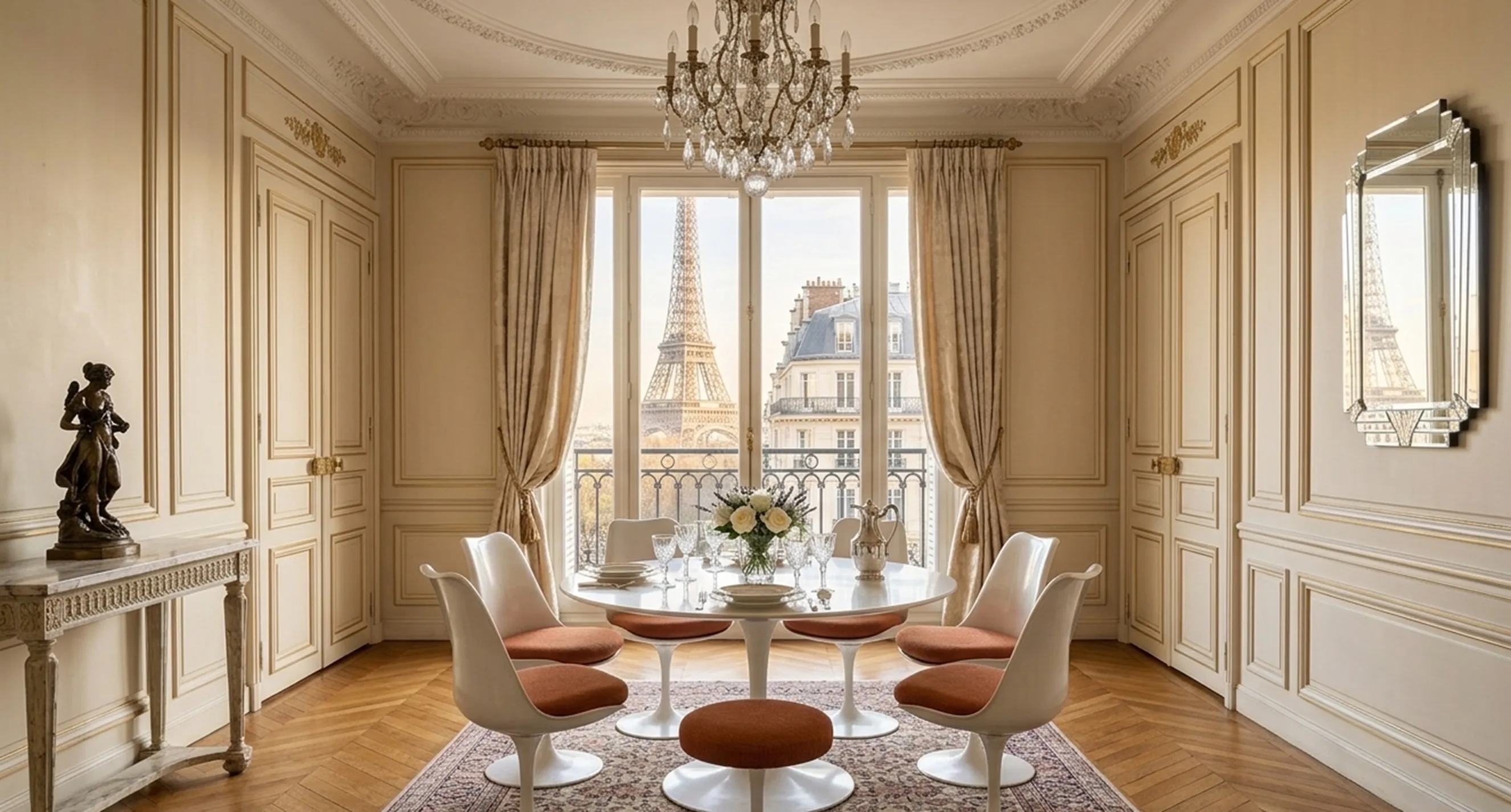 Mesa de comedor antigua para siete personas con decoración elegante.