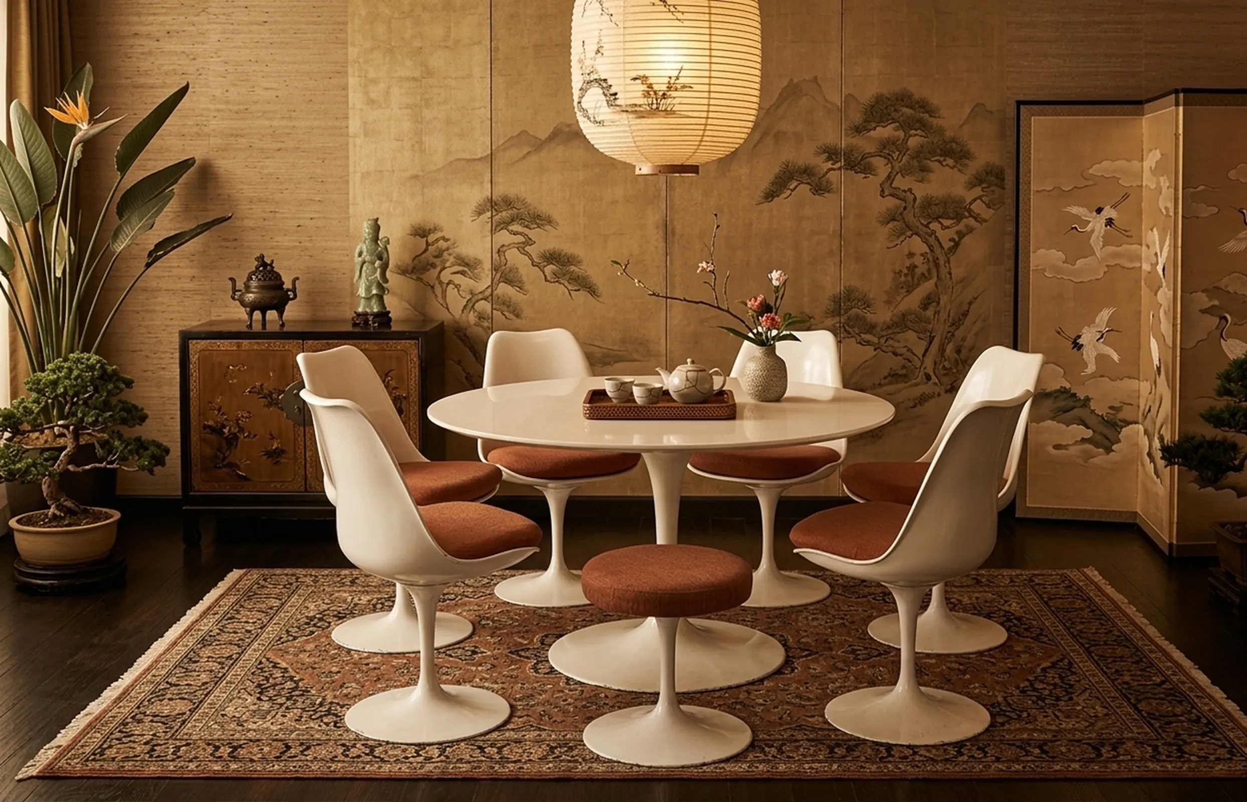 mesa de comedor antigua con seis sillas y un taburete, ambiente acogedor