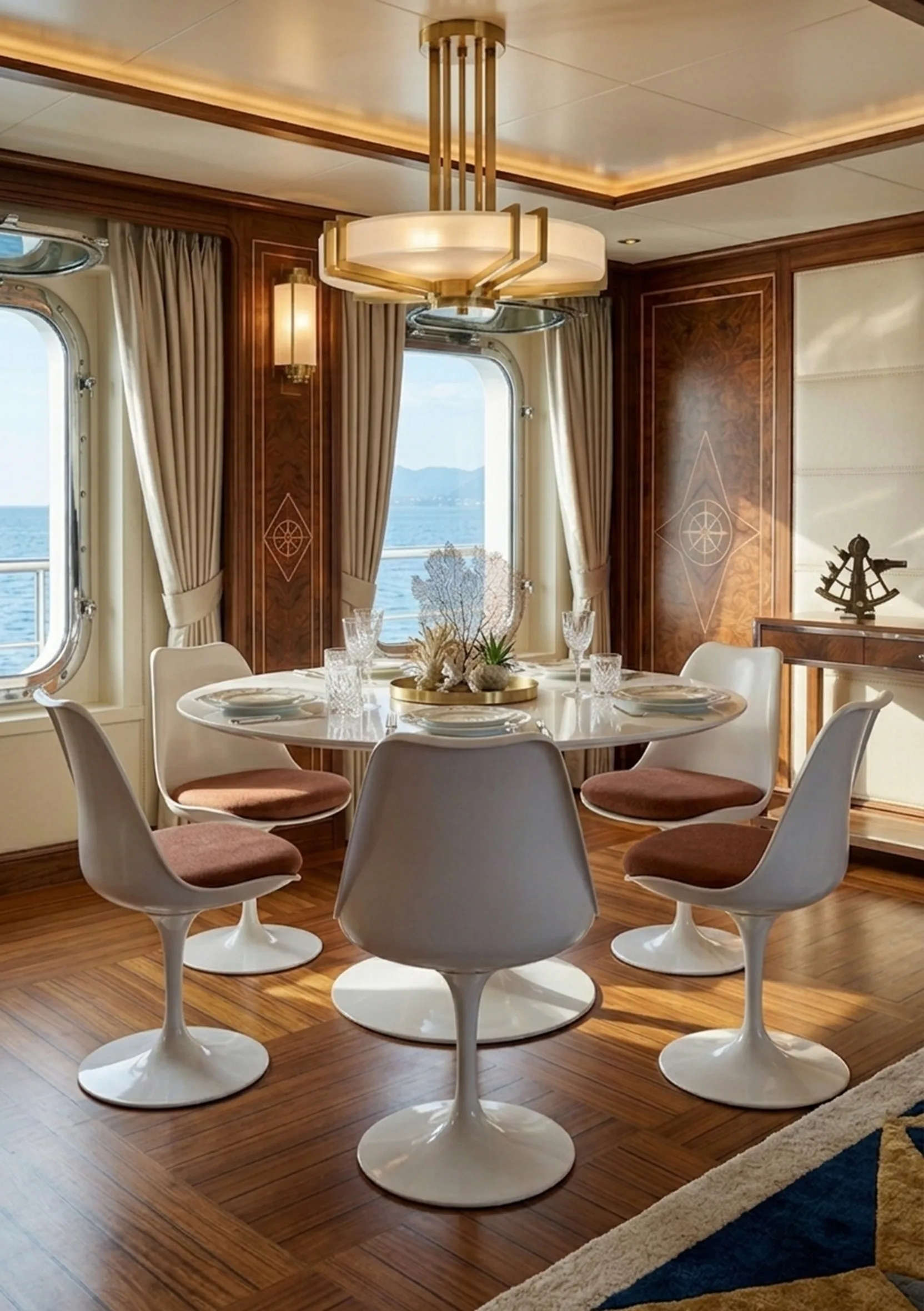 Mesa de comedor antigua para 7 personas, con sillas blancas y vistas al mar