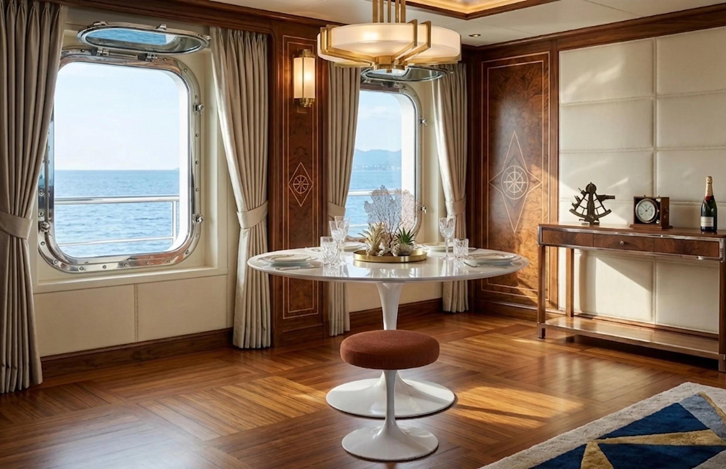 Mesa de comedor antigua para 7 personas, vista elegante con mar en fondo.