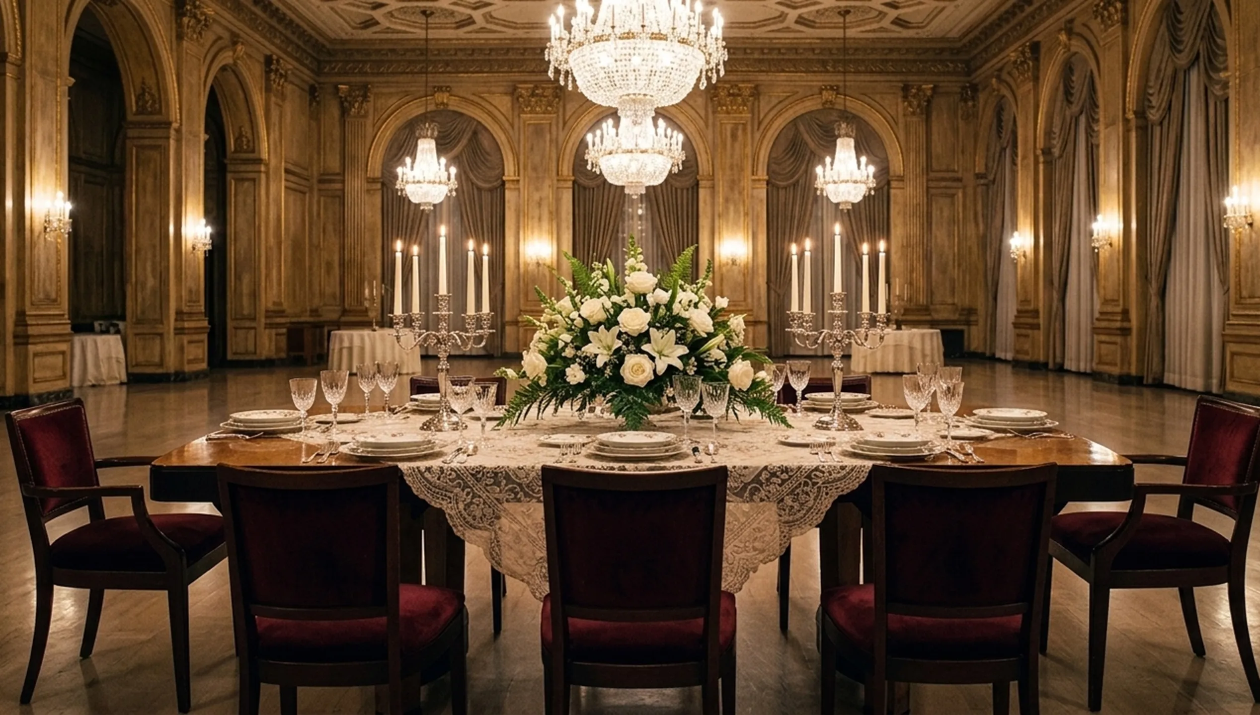 Tavolo da pranzo antico con decorazione floreale e candelabri.