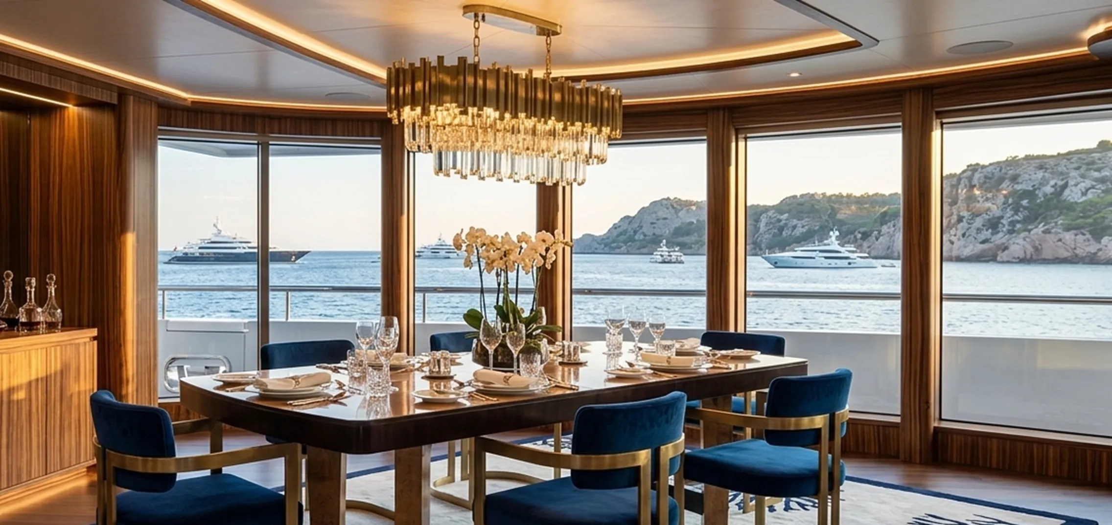Mesa de comedor antigua con sillas azules y ambiente marino.