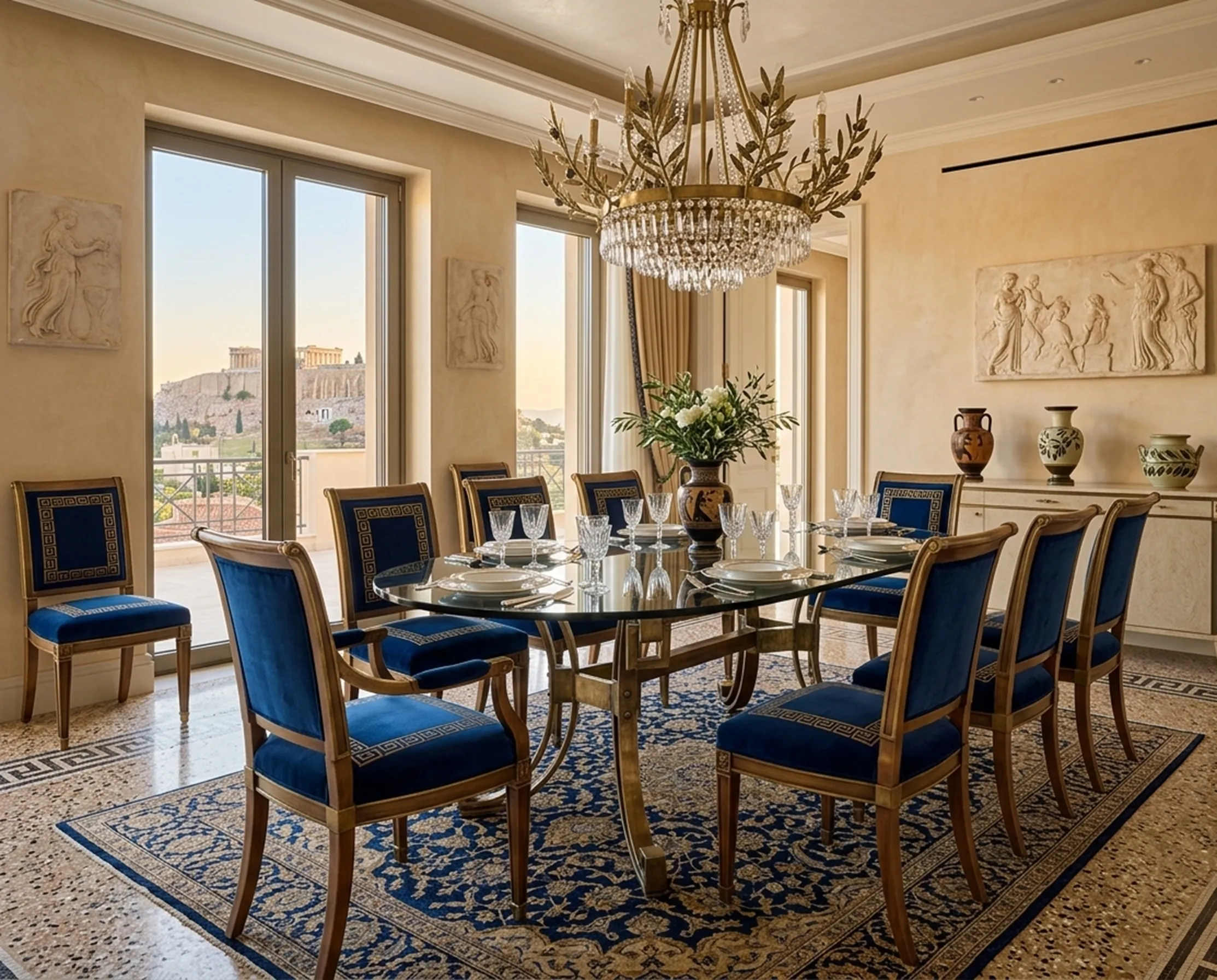 Mesa de comedor antigua para 6 personas, con sillas azules y vista al exterior.