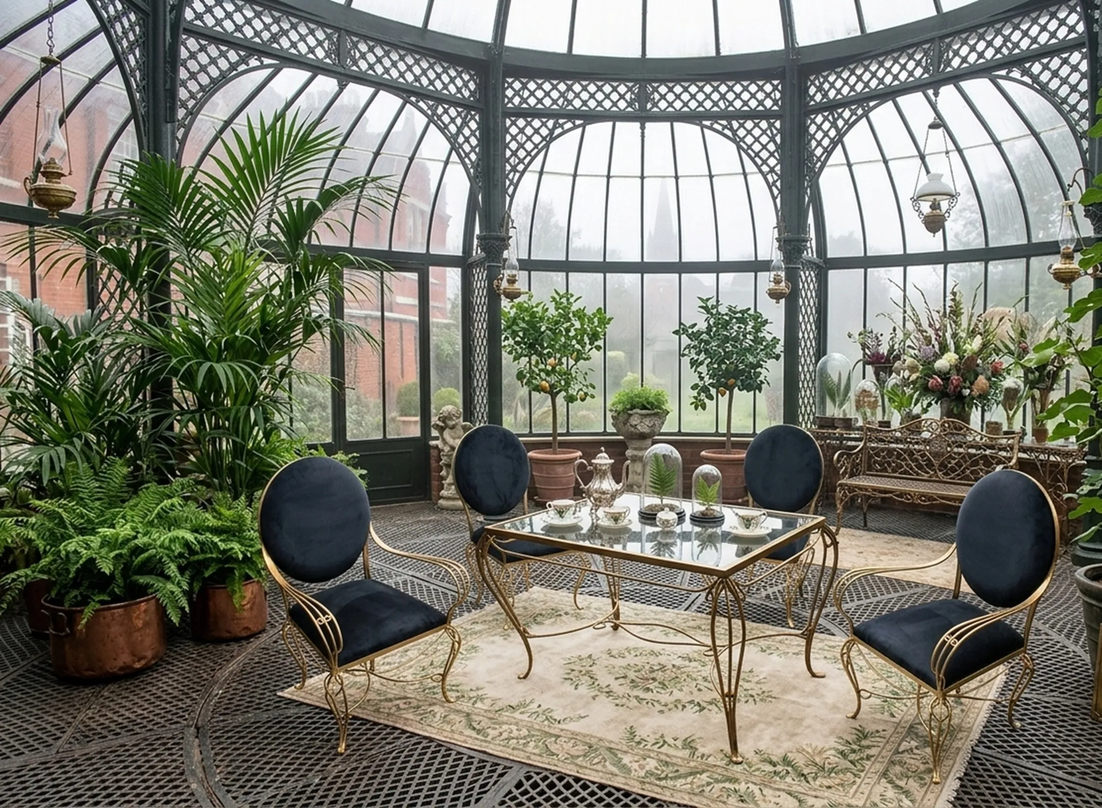 mesa de jantar antiga com cadeiras elegantes no jardim