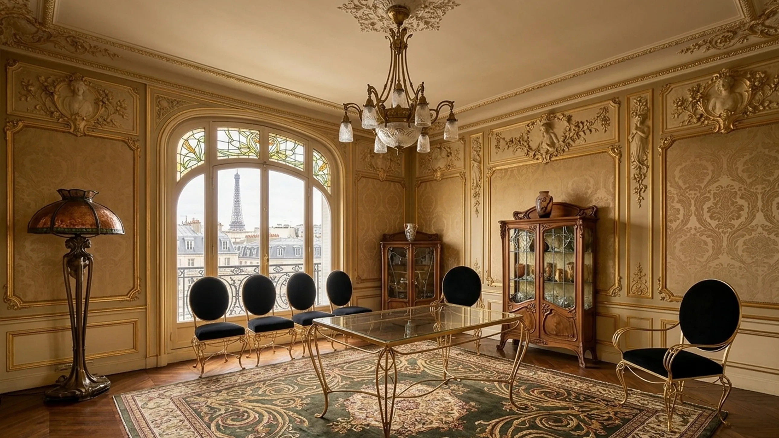 Antique dining table for 6 people in an elegant setting with lamp and luxurious decor.