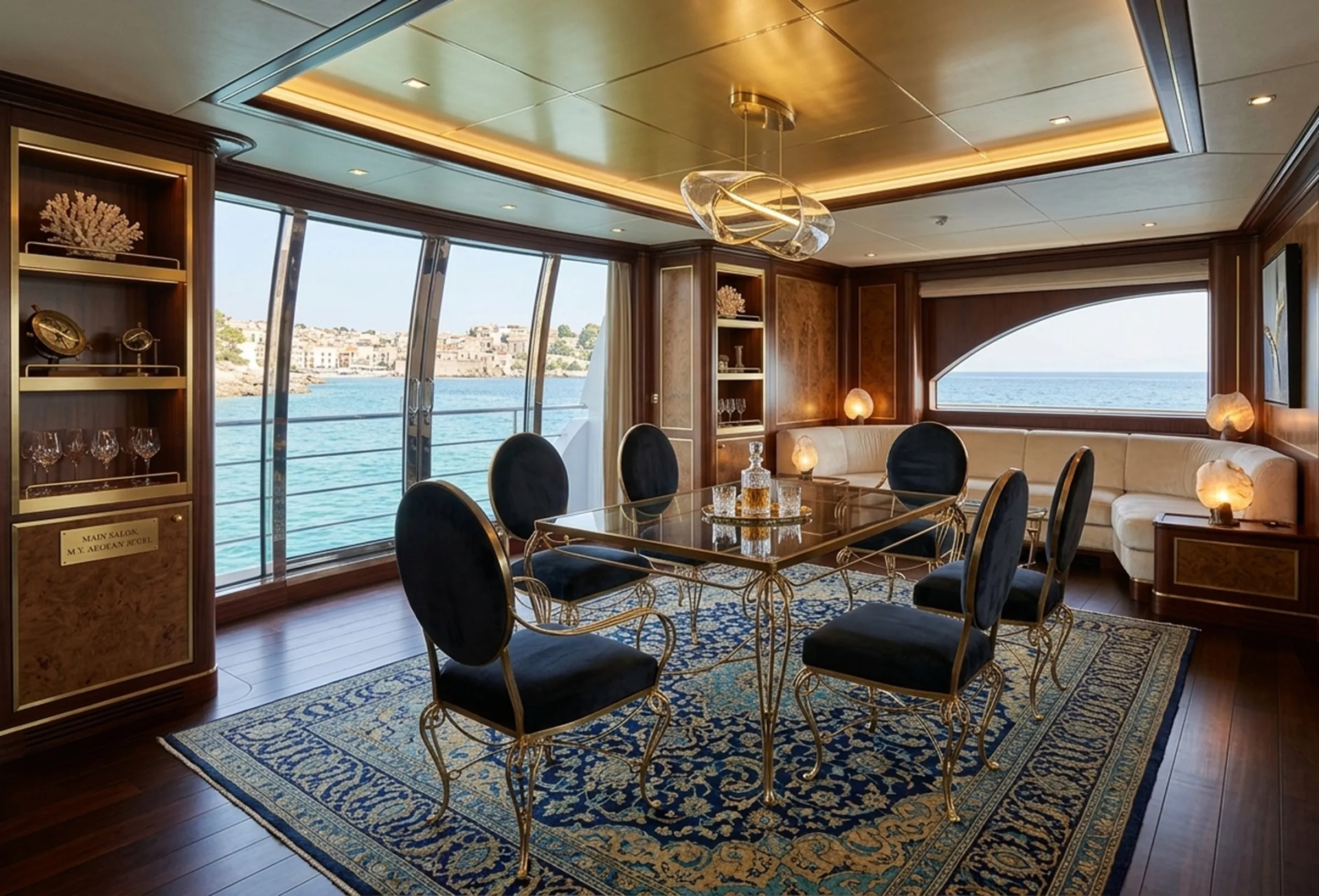 Mesa de jantar antiga para 6 pessoas em um ambiente elegante com vista para o mar.