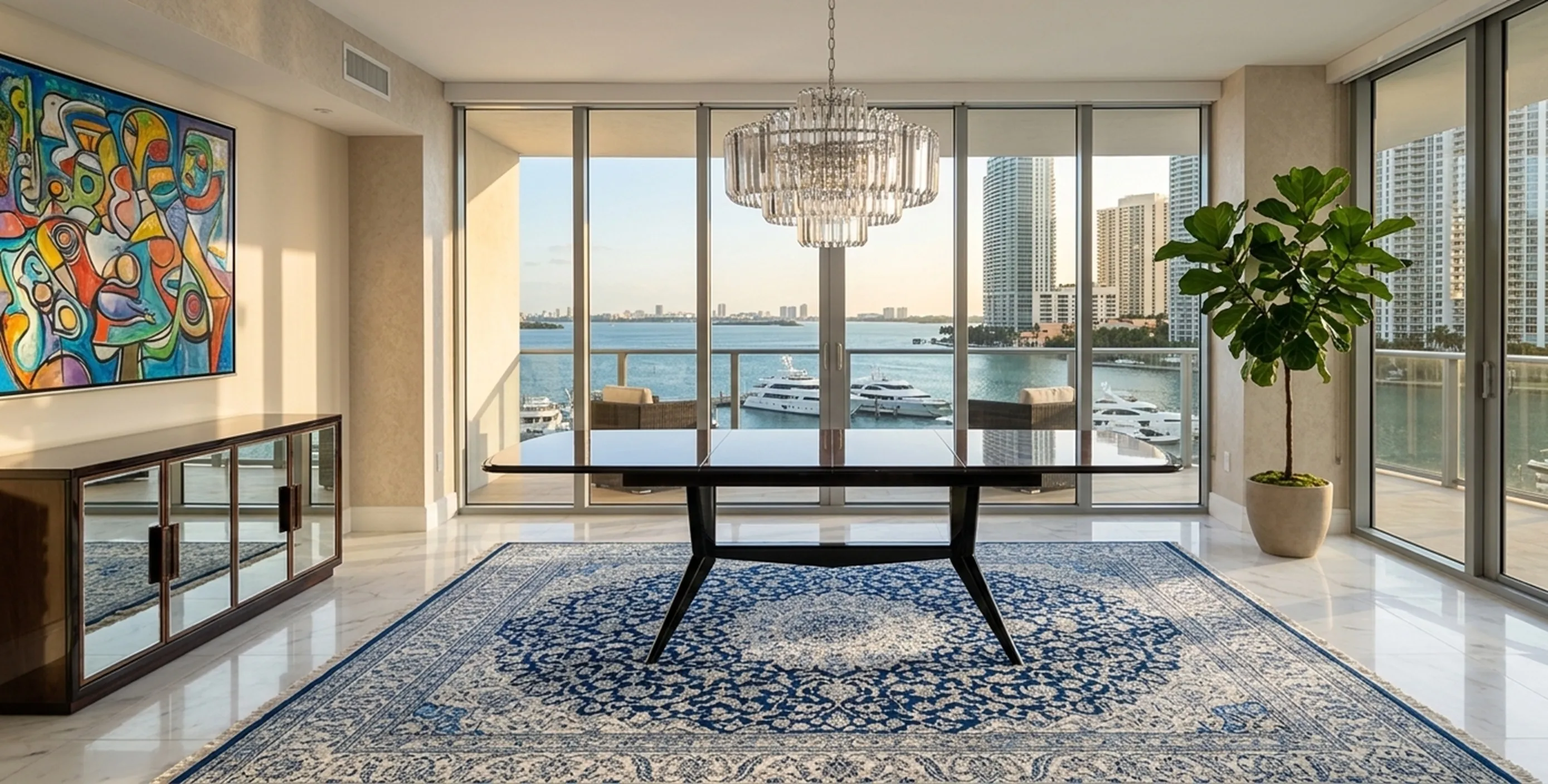 Mesa de comedor antigua para 8 personas, con vista al mar.