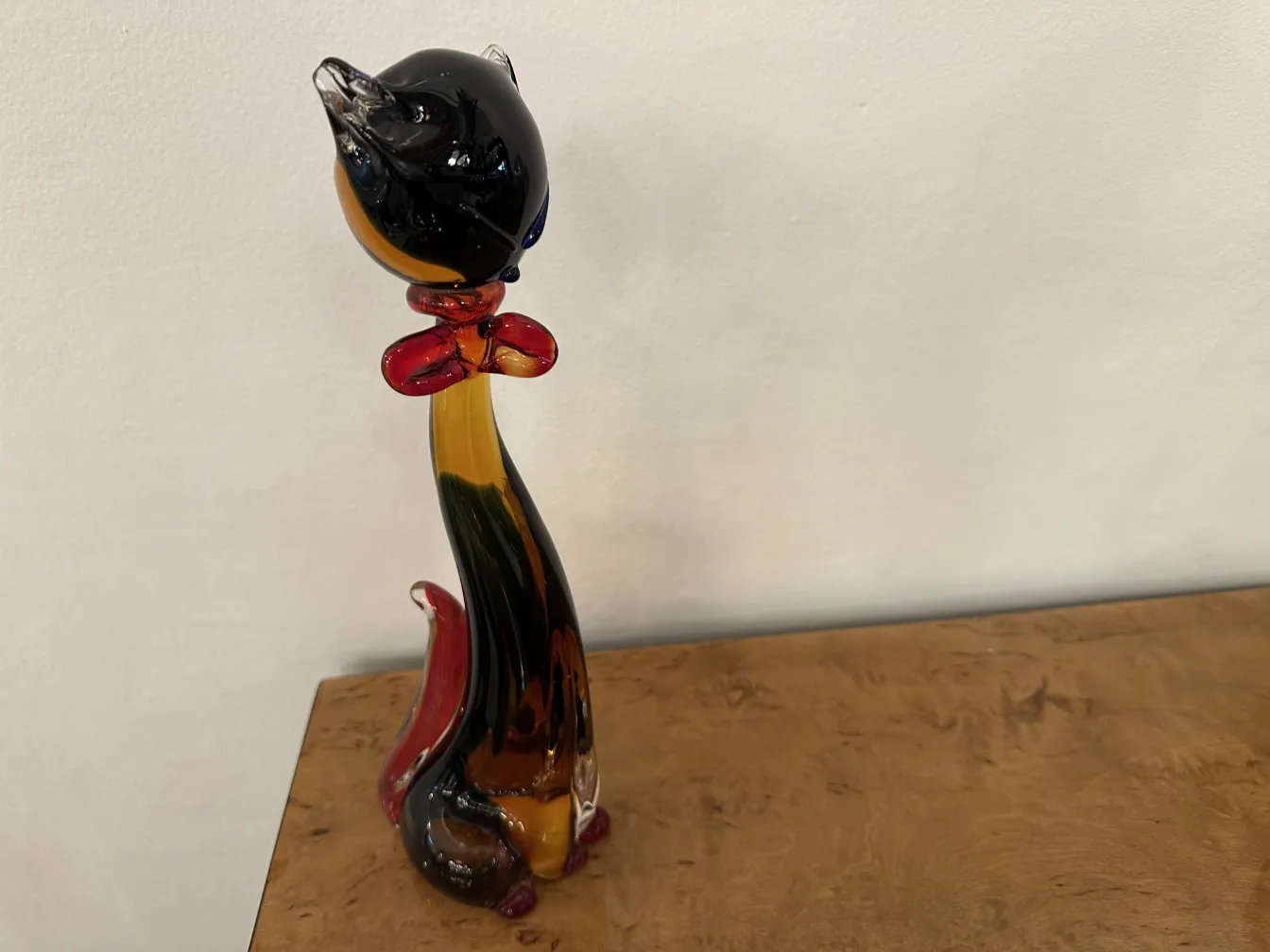 Antique Murano sculpture shaped like a cat with vibrant colors