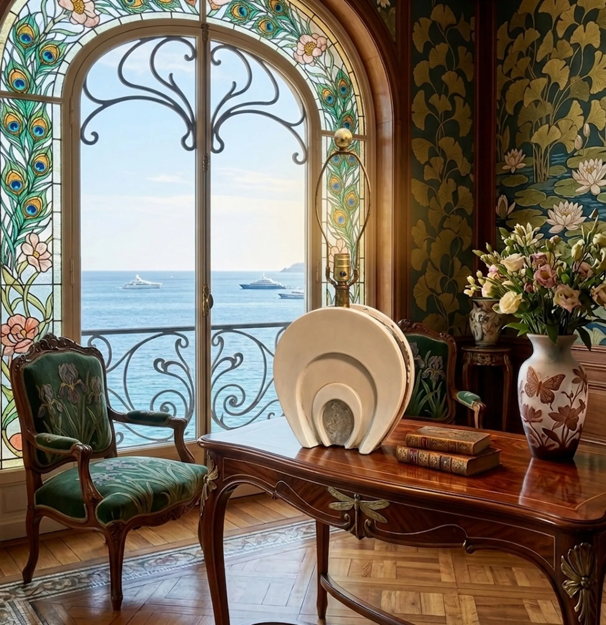Antique table lamp placed on an elegant table with a window overlooking the sea.