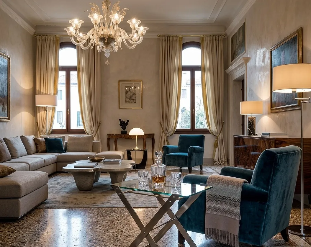 2 tavolini antichi in un salotto con lampadario, dettagli eleganti e un'atmosfera accogliente.