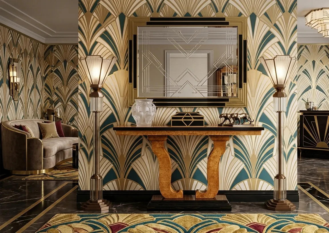 Zwei antike Konsolen mit schönem Design und einem Spiegel dahinter, elegantes Ambiente.