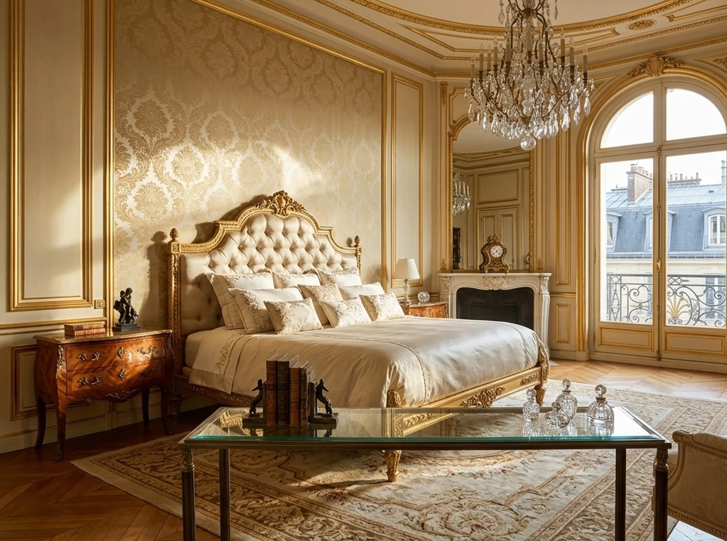 Vier antike Konsolen in einem eleganten Schlafzimmer