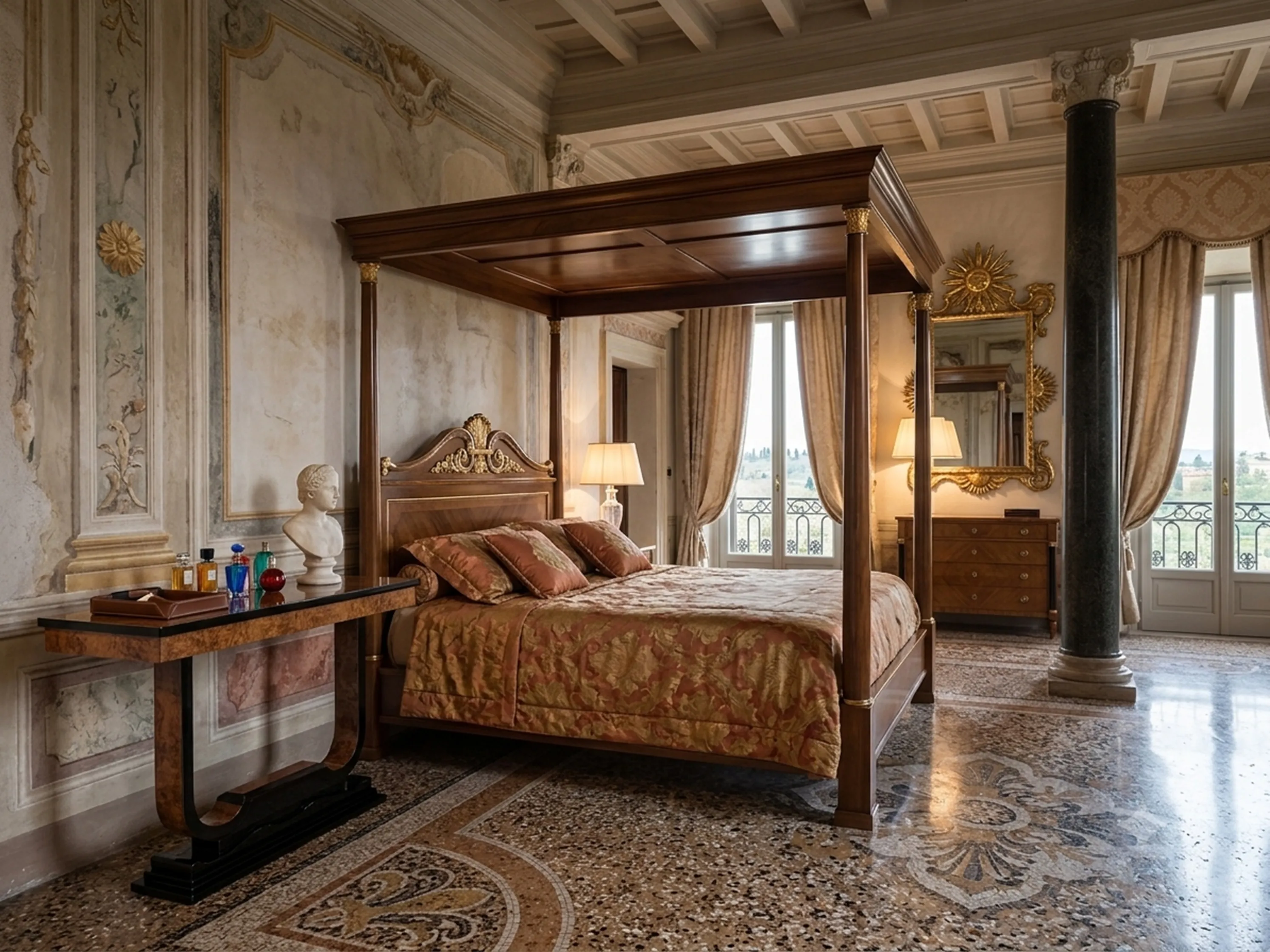 Four antique consoles in a luxurious bedroom with columns.