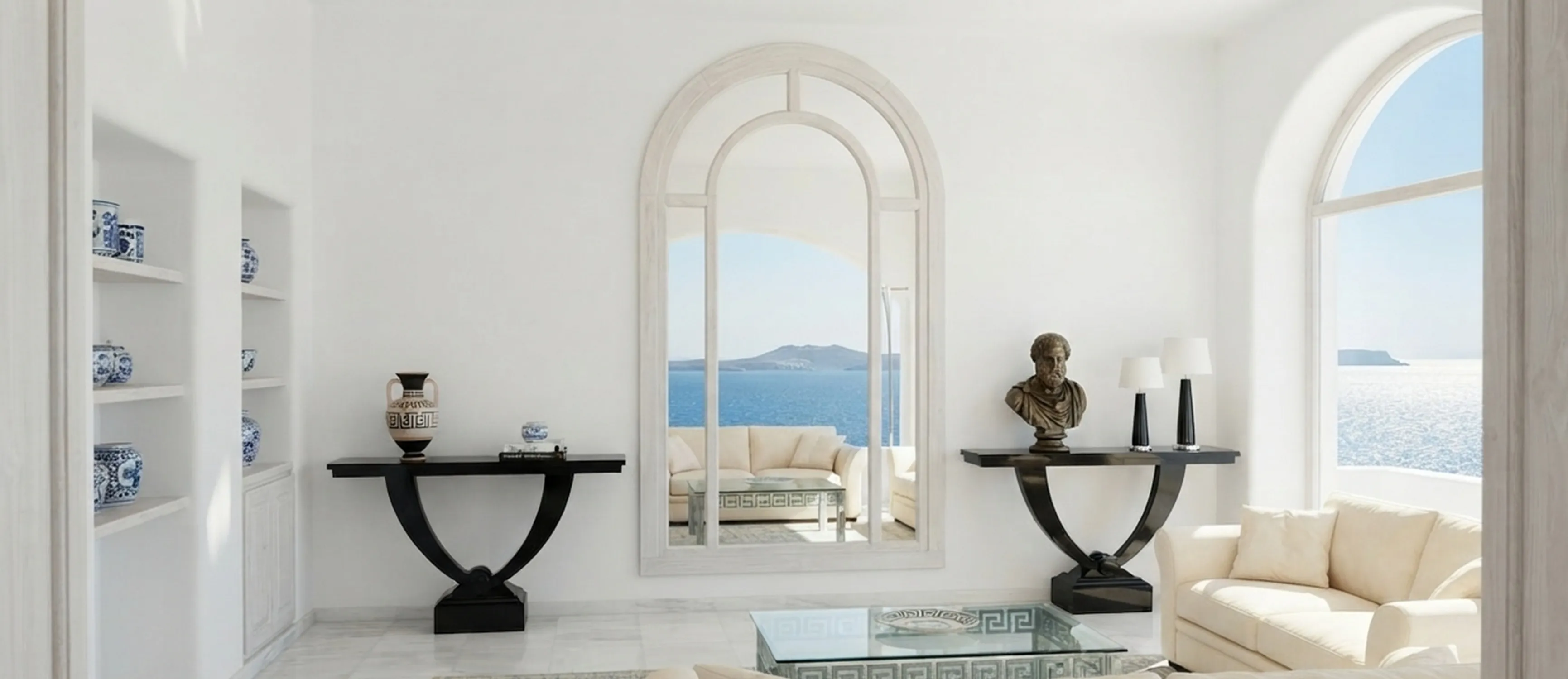 Dos consolas antiguas en un ambiente elegante con vista al mar.