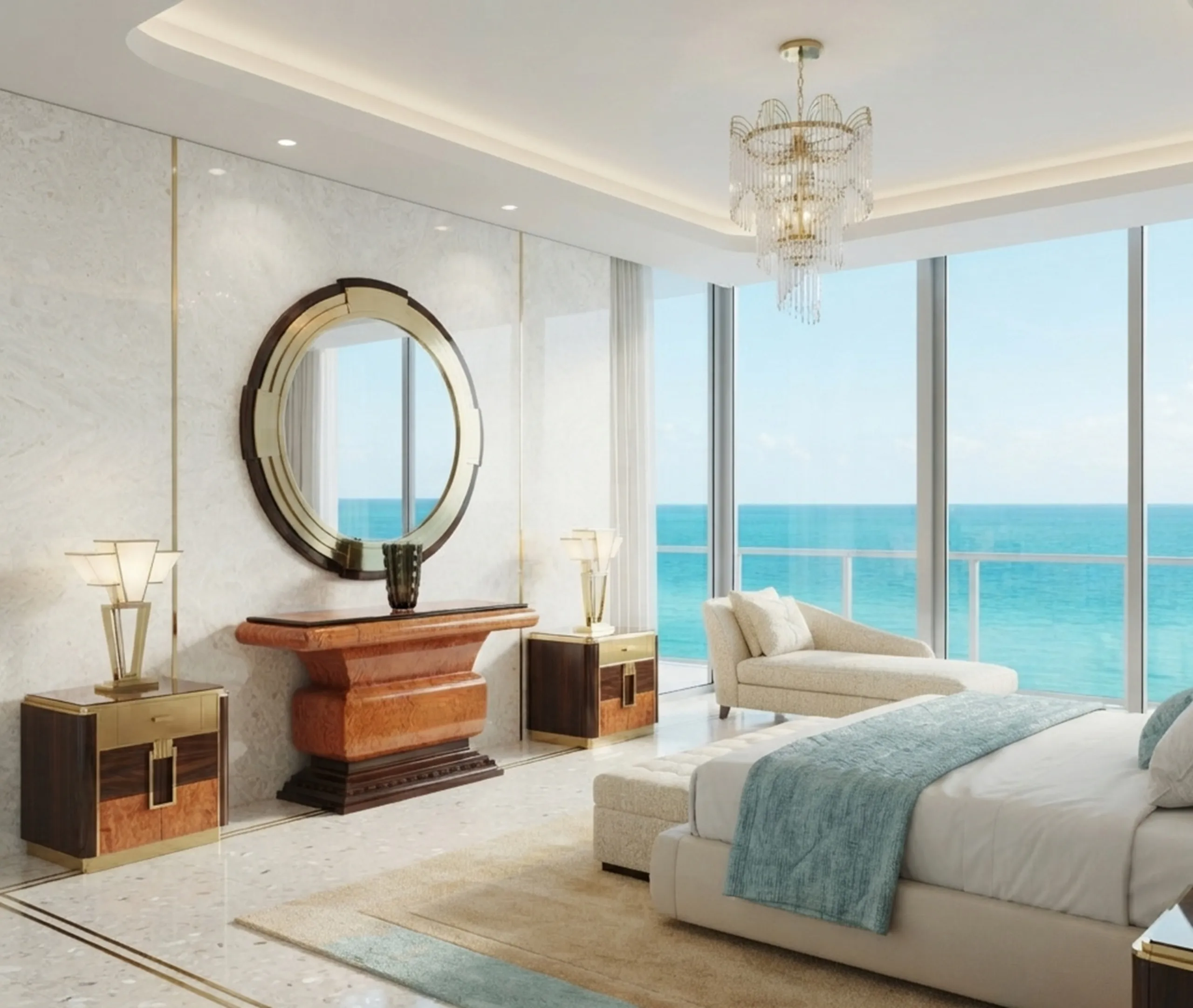 Two antique consoles in an elegant seaside environment.