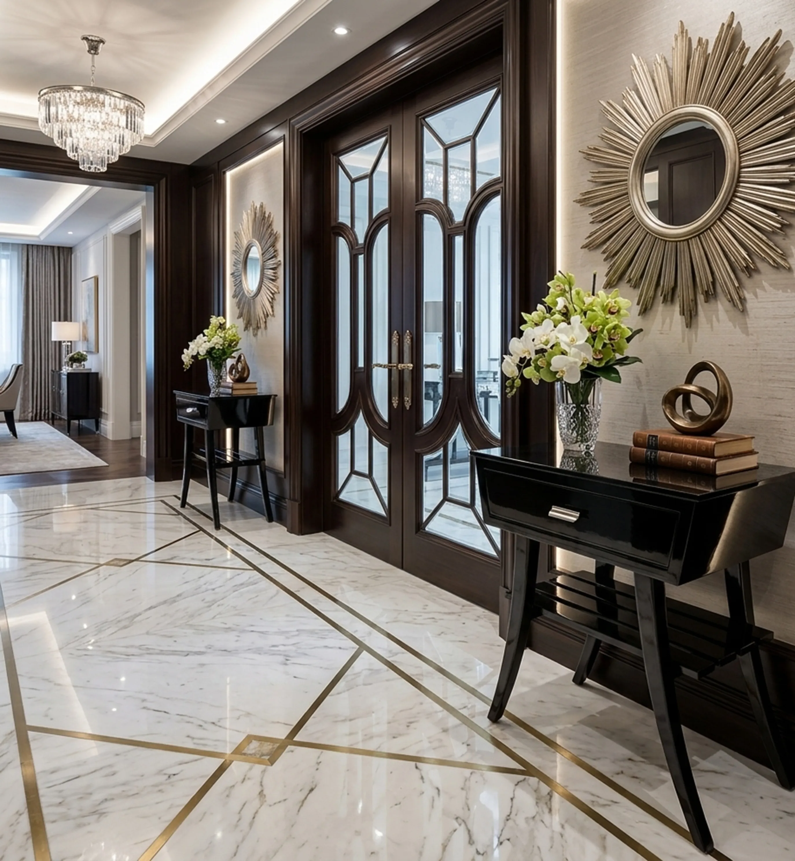 comodini antichi in un elegante corridoio con fiori