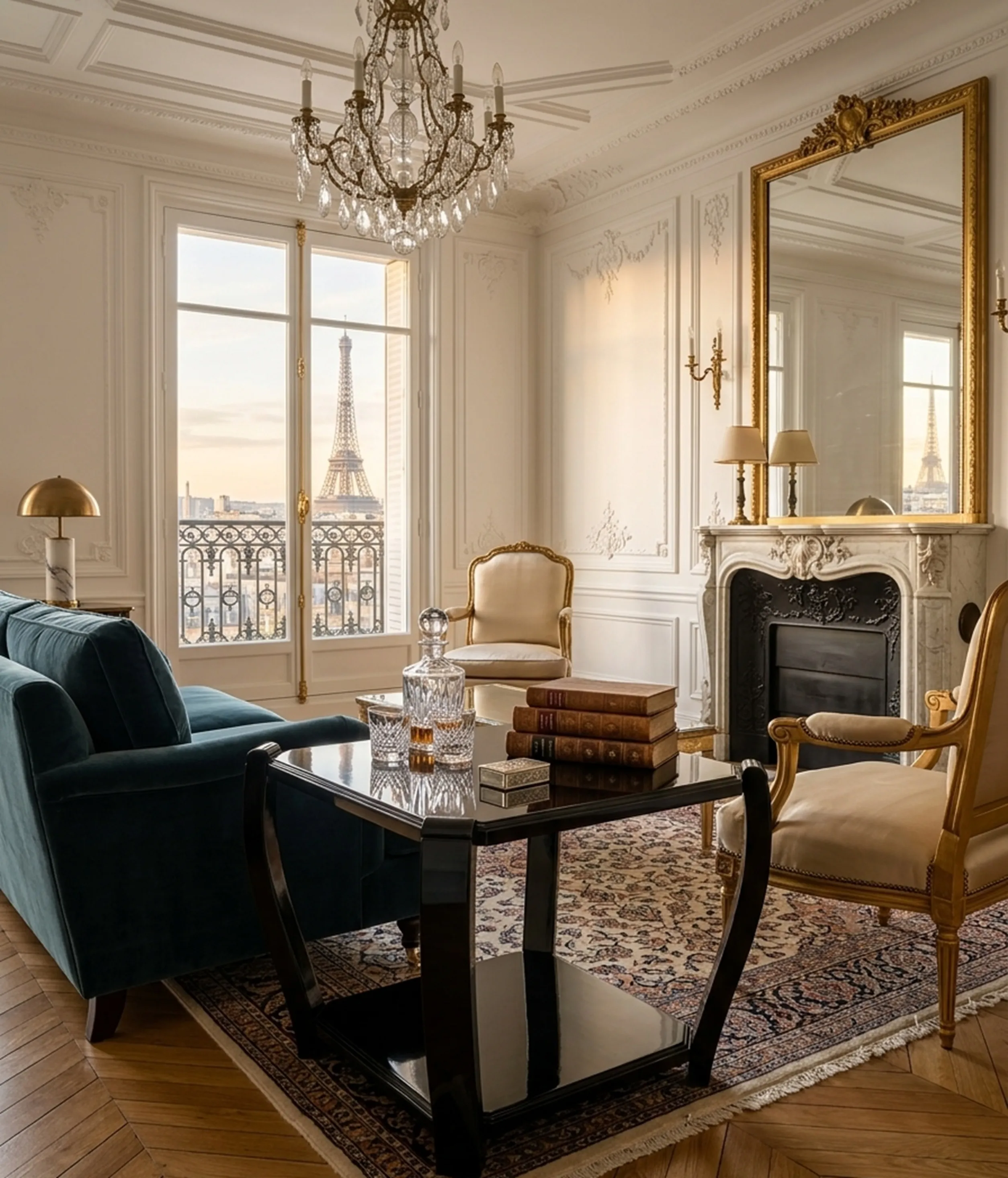 Dos antiguas mesitas en un salón elegante con vista a la Torre Eiffel.