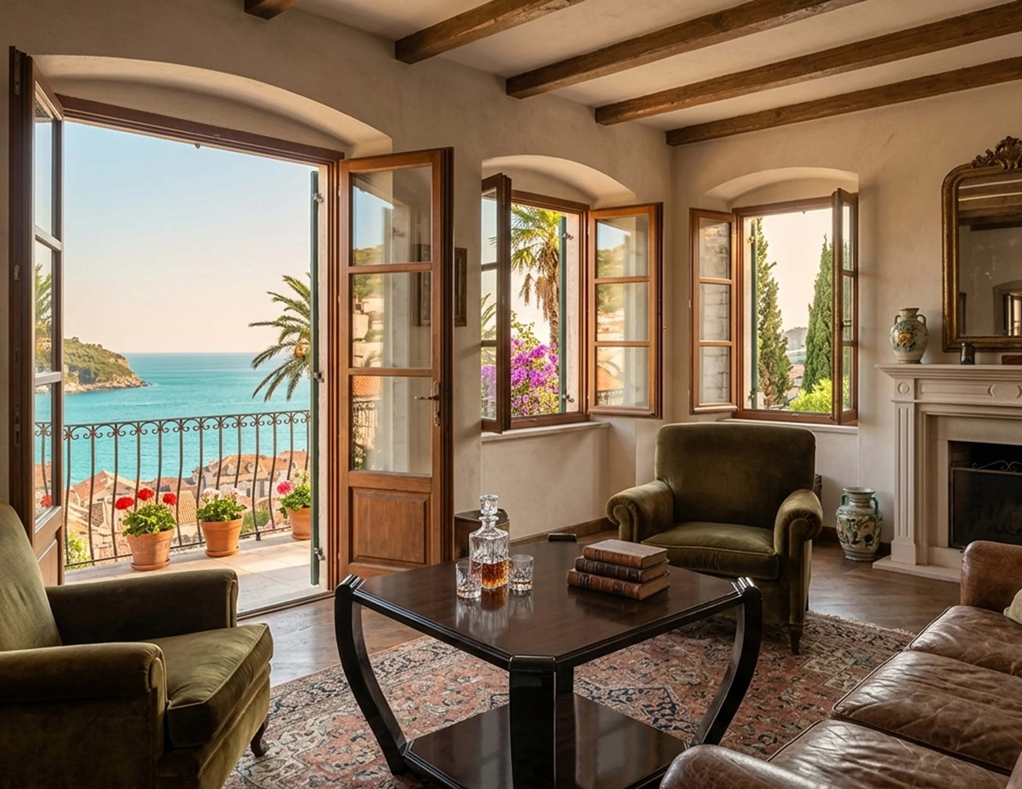 Vue de 2 petites tables antiques dans une salle avec vue sur la mer et des plantes
