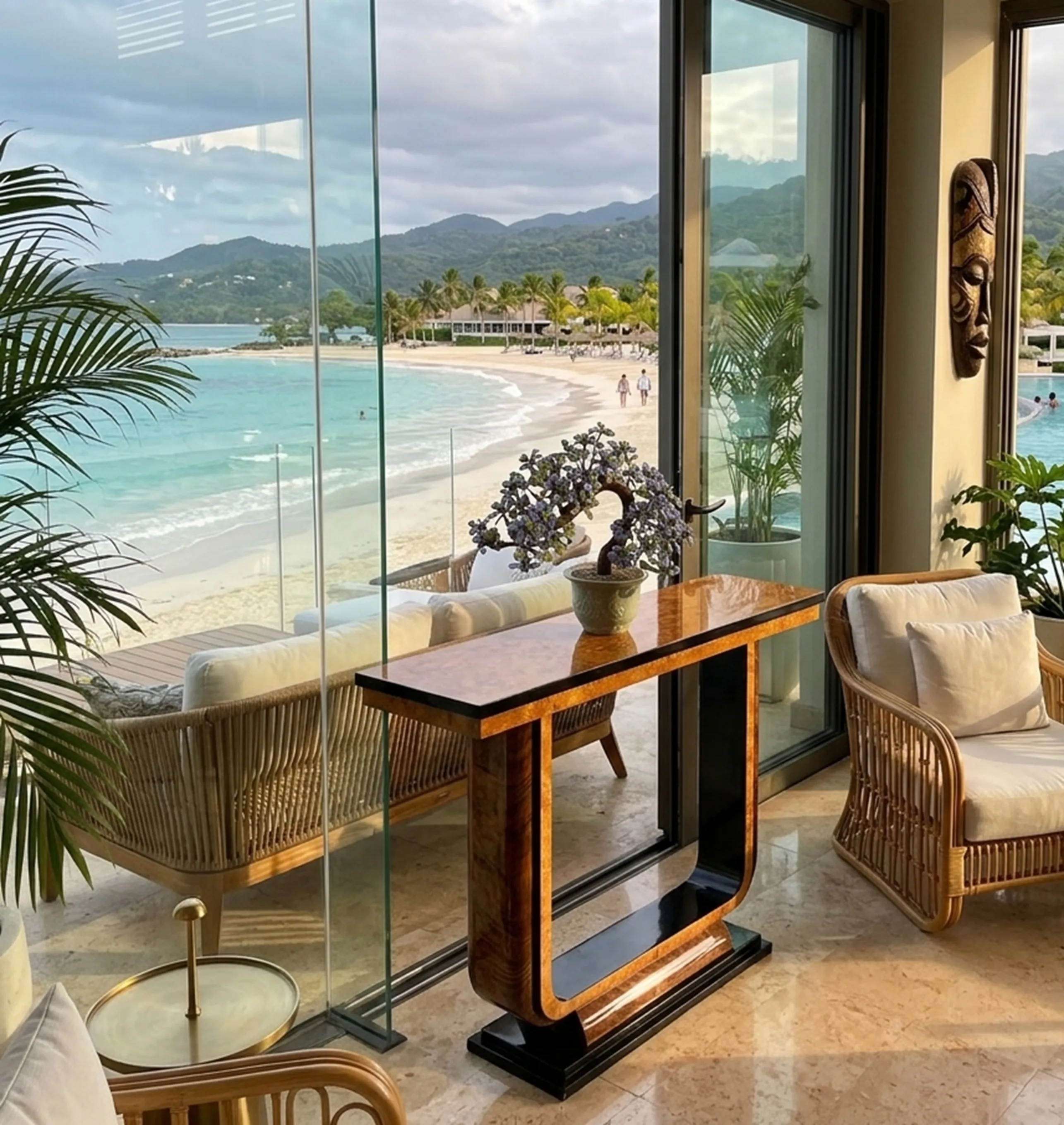two antique consoles with a beach view in a modern home