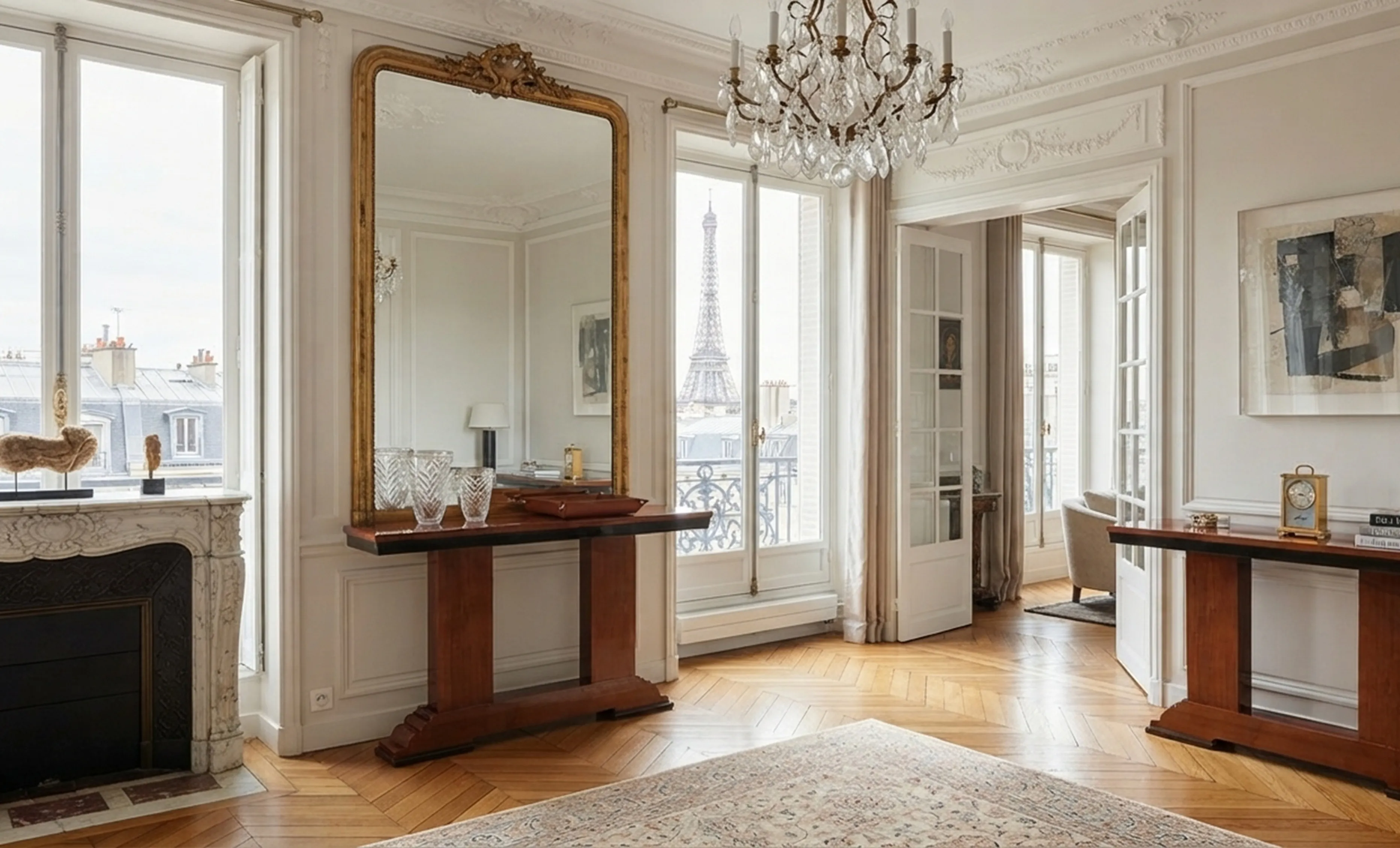 Trois dresuars anciens dans un élégant salon parisien avec miroir, lampe et vue sur la tour Eiffel.