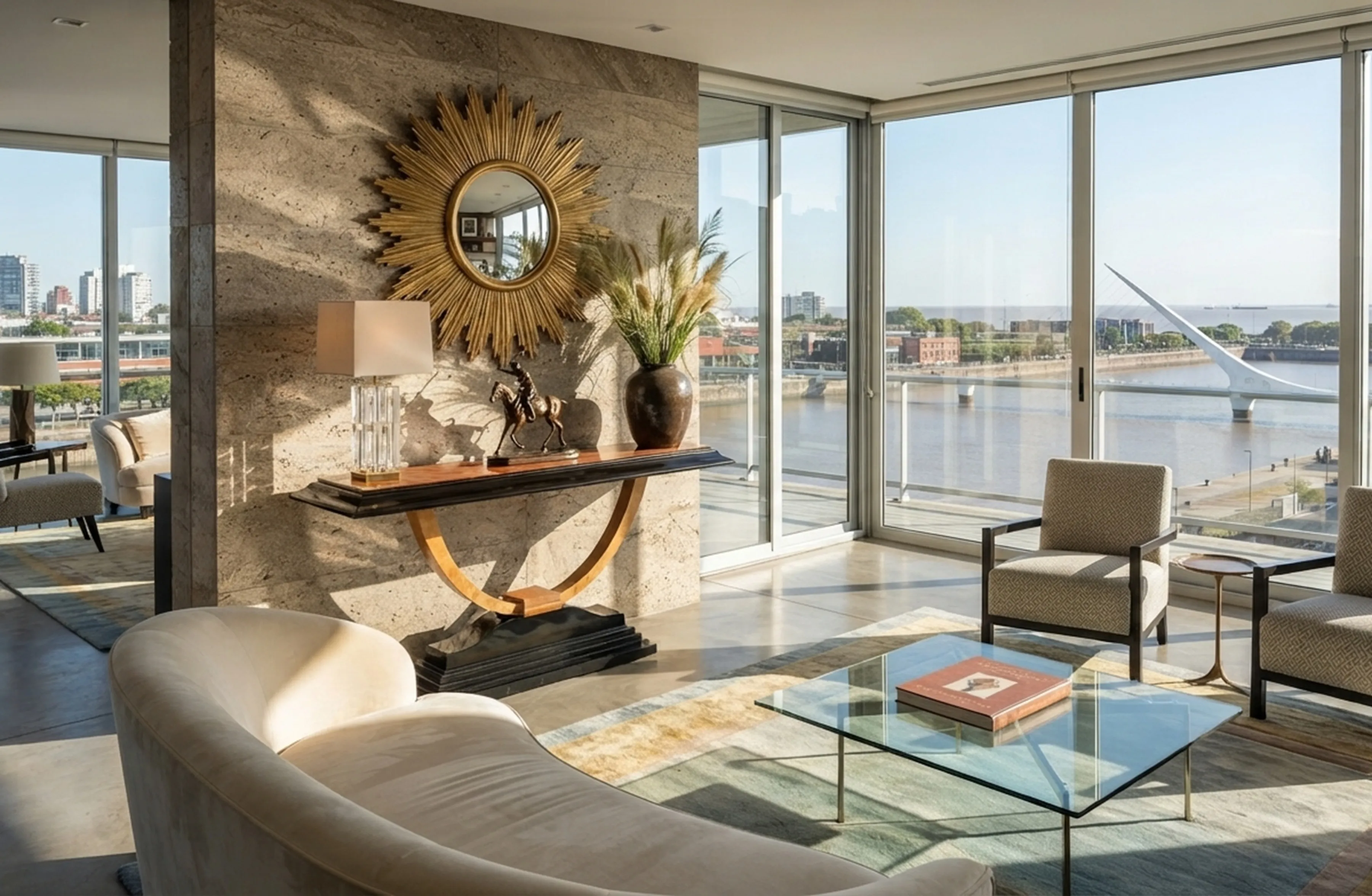 two antique consoles in a modern interior with a view