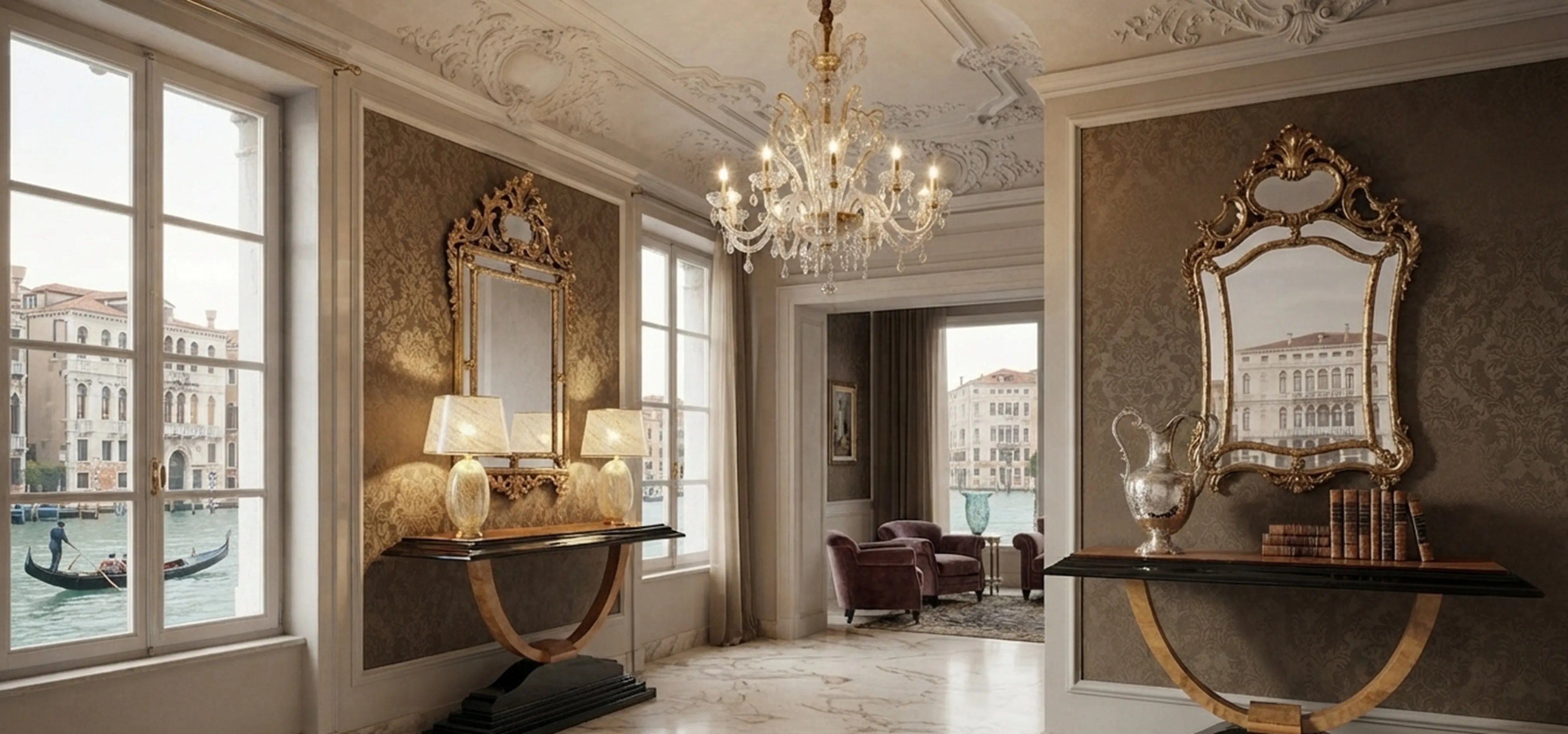 Two antique decorative consoles beside a window with a view.