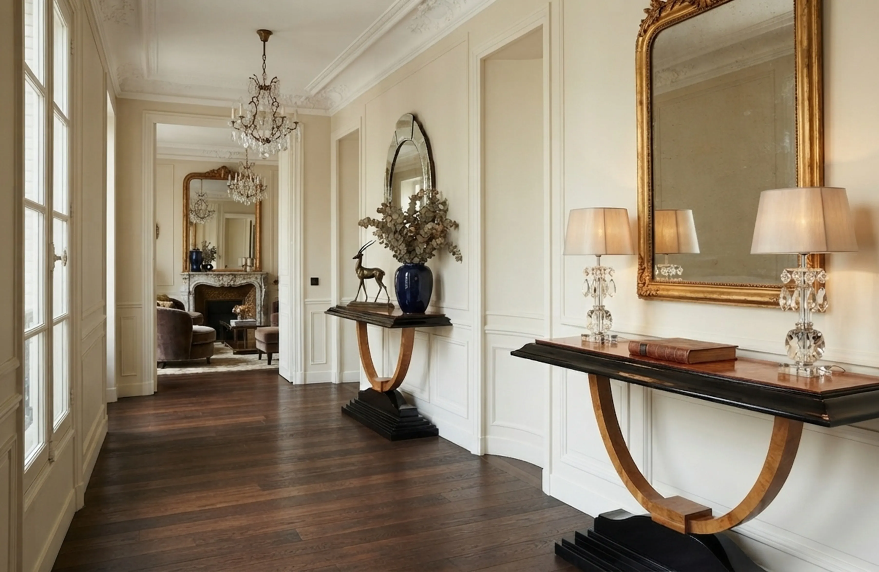 two antique decorative consoles in an elegant hallway